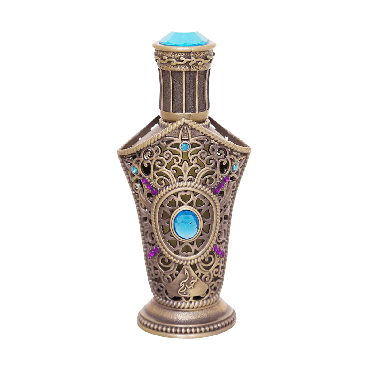 Ibhaar concentrated perfume oil bottle with ornate bronze filigree design and blue gemstone accents.