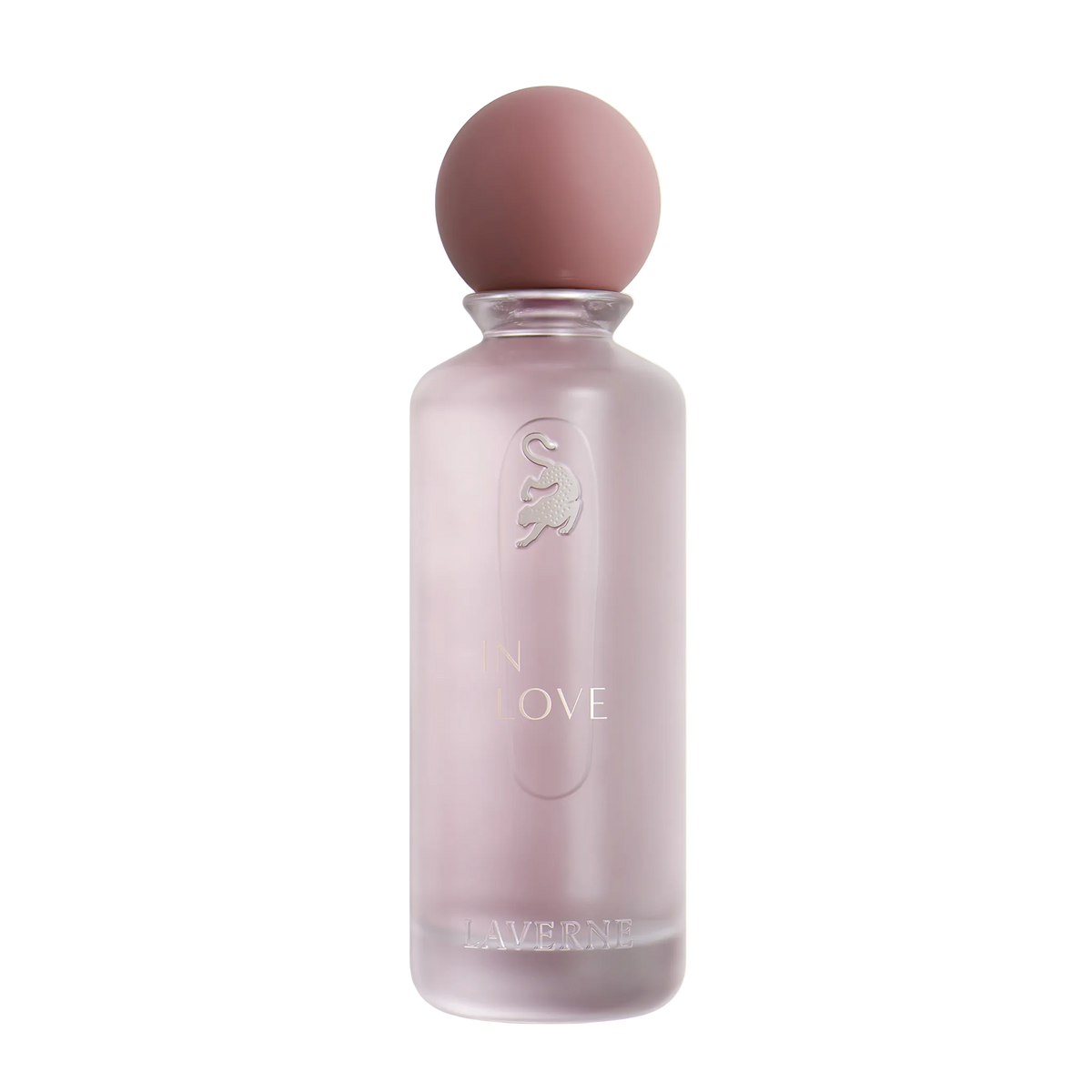 Soft pink frosted In Love perfume bottle by Laverne with rounded cap.
