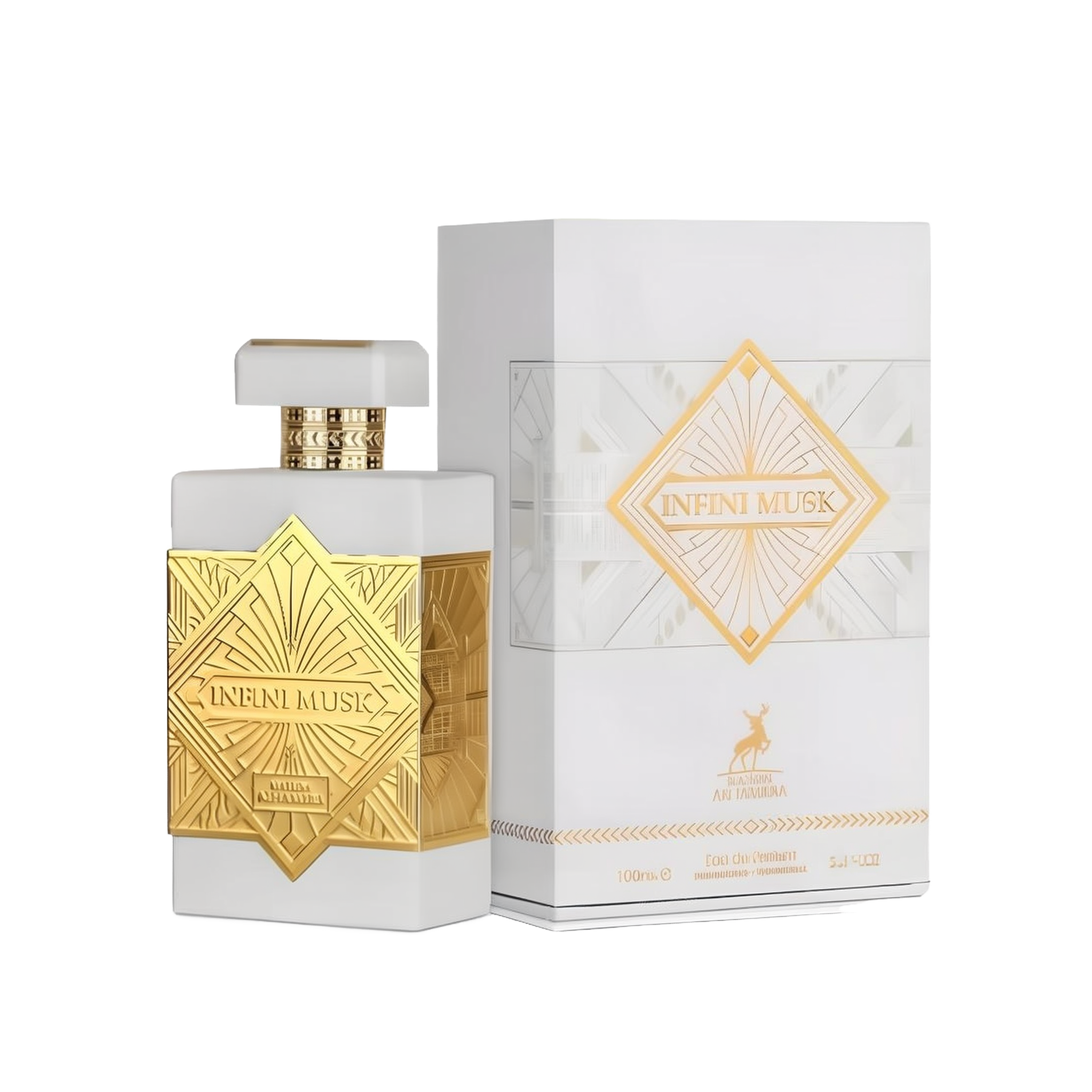 Infini Musk perfume bottle and box by Maison Alhambra. The perfume bottle is rectangular with a white and gold design featuring intricate gold patterns and the text 'Infini Musk' on the front. The matching white box displays a similar gold pattern and tex