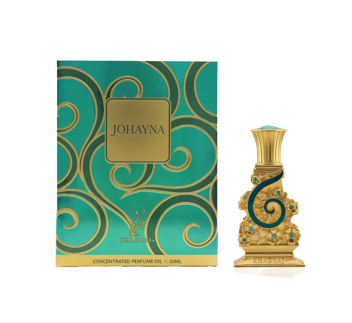 A turquoise box with swirling gold patterns and “Johayna” in a gold label stands beside a matching, ornate gold bottle adorned with turquoise gems, floral motifs, and a spiral accent. The bottle, by Khadlaj, has a flared gold cap topped with a turquoise stone.
