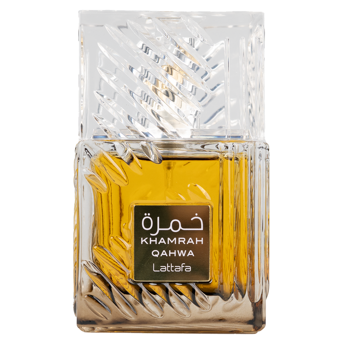 Close-up of Lattafa Khamrah Qahwa perfume bottle with clear glass and golden fragrance.