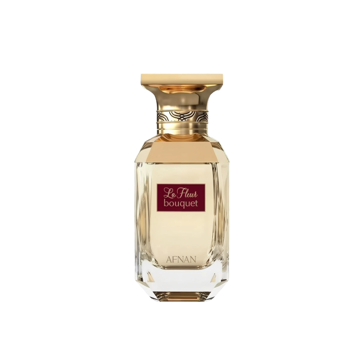 The image features a classic and elegant perfume bottle. The bottle is transparent with a multifaceted design that reflects light, giving it a luxurious crystal appearance. It has a broad, golden cap with decorative elements around its neck. On the front of the bottle, there is a maroon label with the text "La Fleur bouquet" in white cursive script, and below on the bottle's base is the brand name "AFNAN" in capital letters.