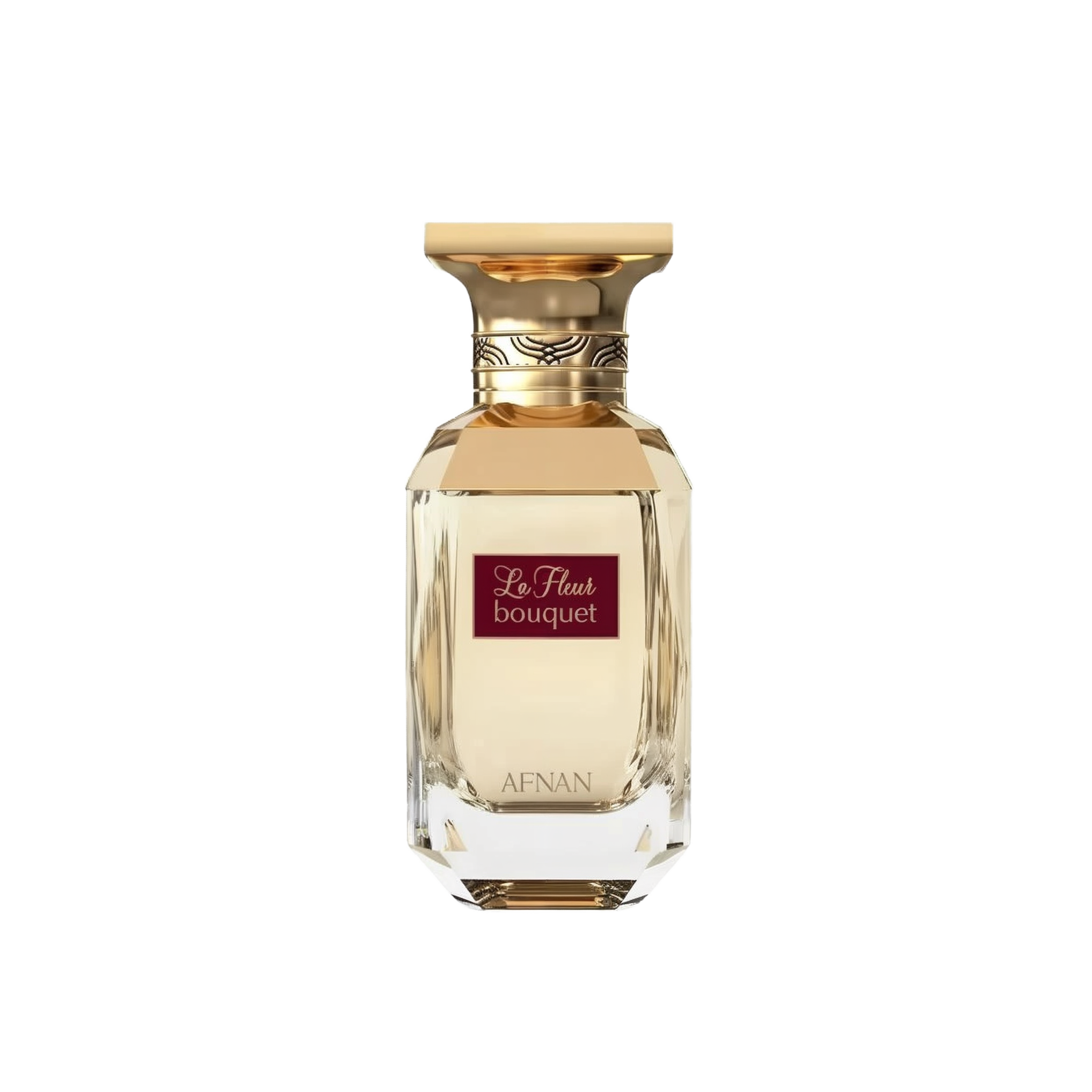 The image features a classic and elegant perfume bottle. The bottle is transparent with a multifaceted design that reflects light, giving it a luxurious crystal appearance. It has a broad, golden cap with decorative elements around its neck. On the front of the bottle, there is a maroon label with the text "La Fleur bouquet" in white cursive script, and below on the bottle's base is the brand name "AFNAN" in capital letters.