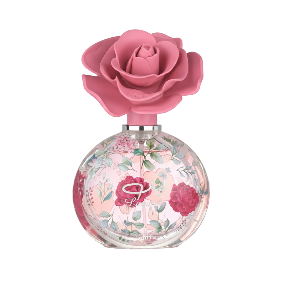 Lattafa Layaan perfume bottle with floral print design and pink rose-shaped cap.