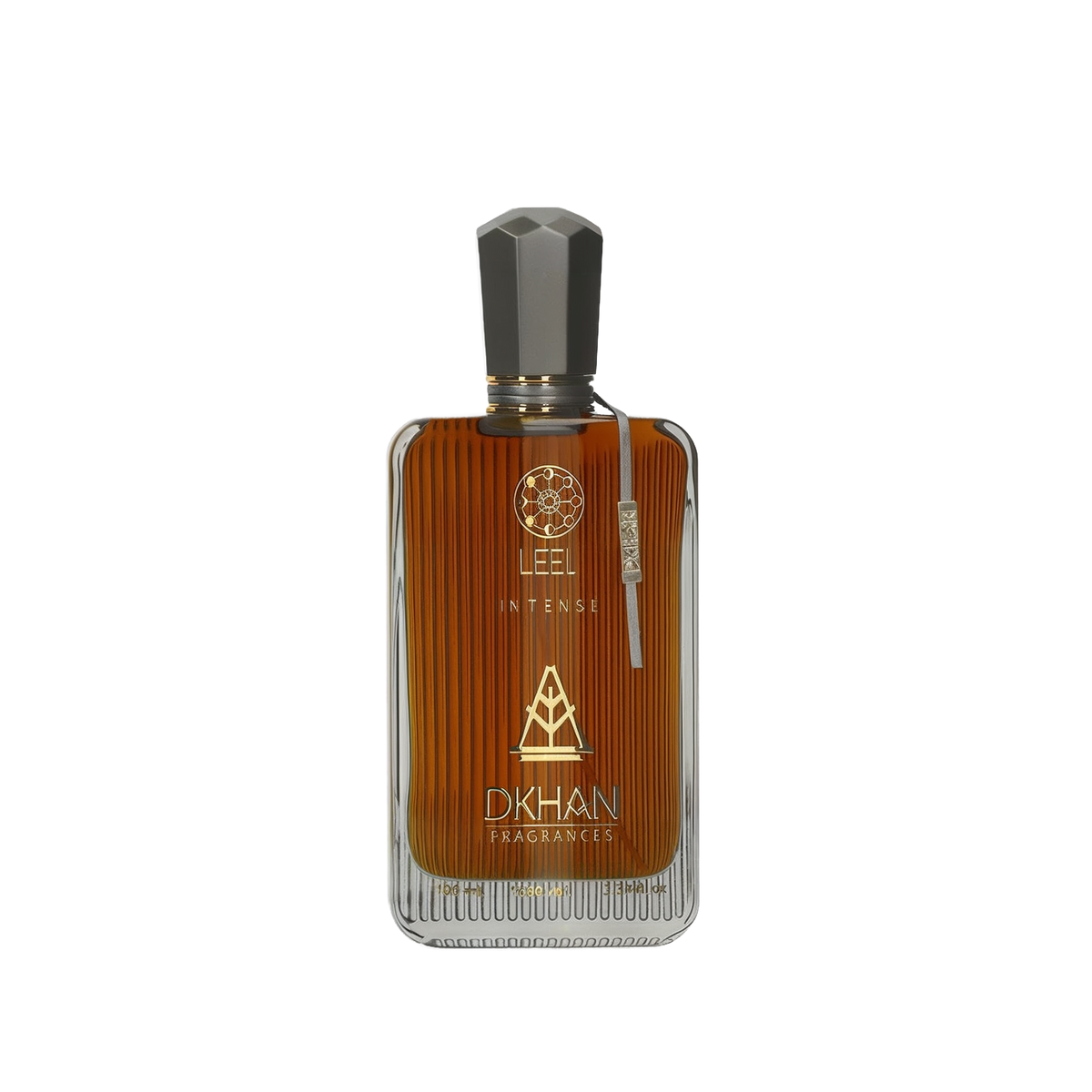The image features a sleek glass perfume bottle with a rich, amber-hued liquid inside. The front of the bottle displays the word "LEEL" in large, bold letters, with "INTENSE" just beneath it in a smaller font. Below this, the "DKHAN FRAGRANCES" emblem is prominently centered. At the top of the bottle, a golden geometric design is visible. The cap is a faceted black design, suggesting a luxurious and modern aesthetic.