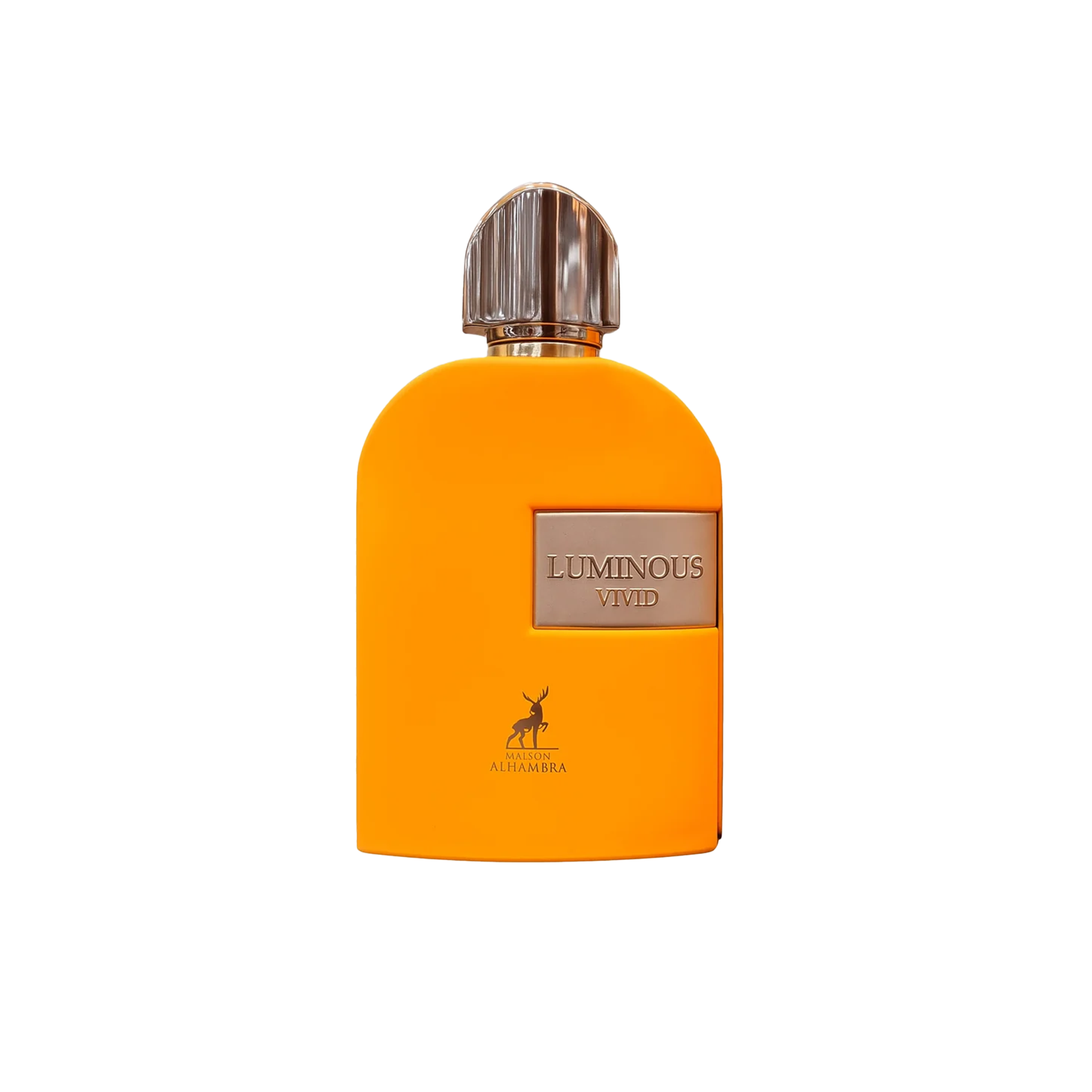 Luminous Vivid perfume bottle in bright matte orange with a recessed metallic label, fluted chrome cap, and Maison Alhambra logo.maison-alhambra-luminous-vivid-orange.jpg