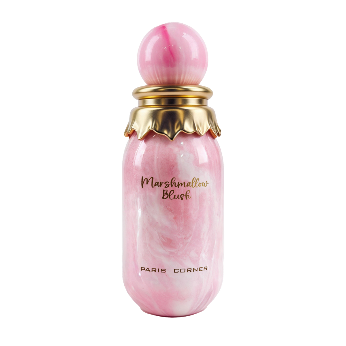 Pink marbled Paris Corner Marshmallow Blush perfume bottle with round cap and gold collar.