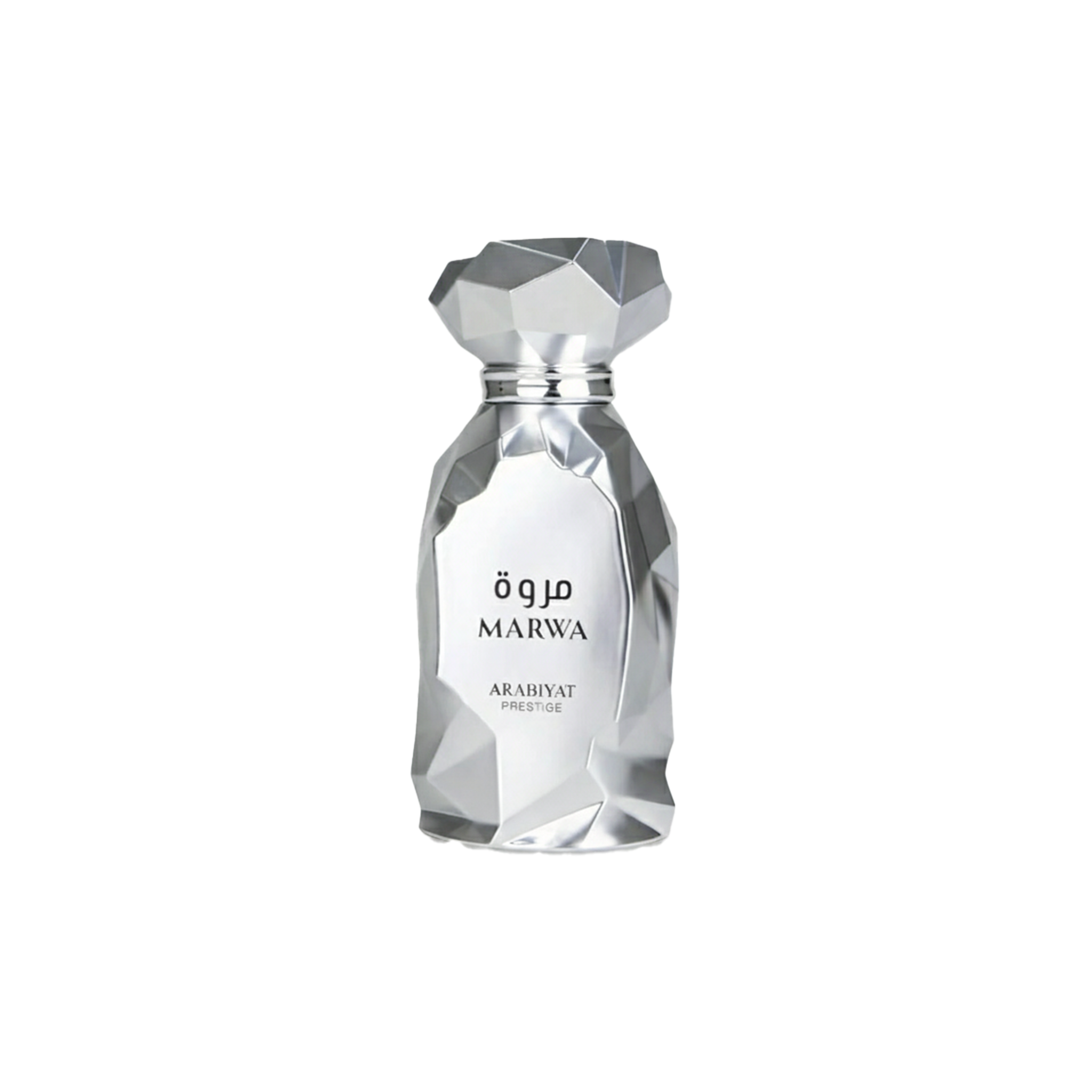 Arabiyat Prestige Marwa perfume bottle in faceted silver design with Arabic and English text.