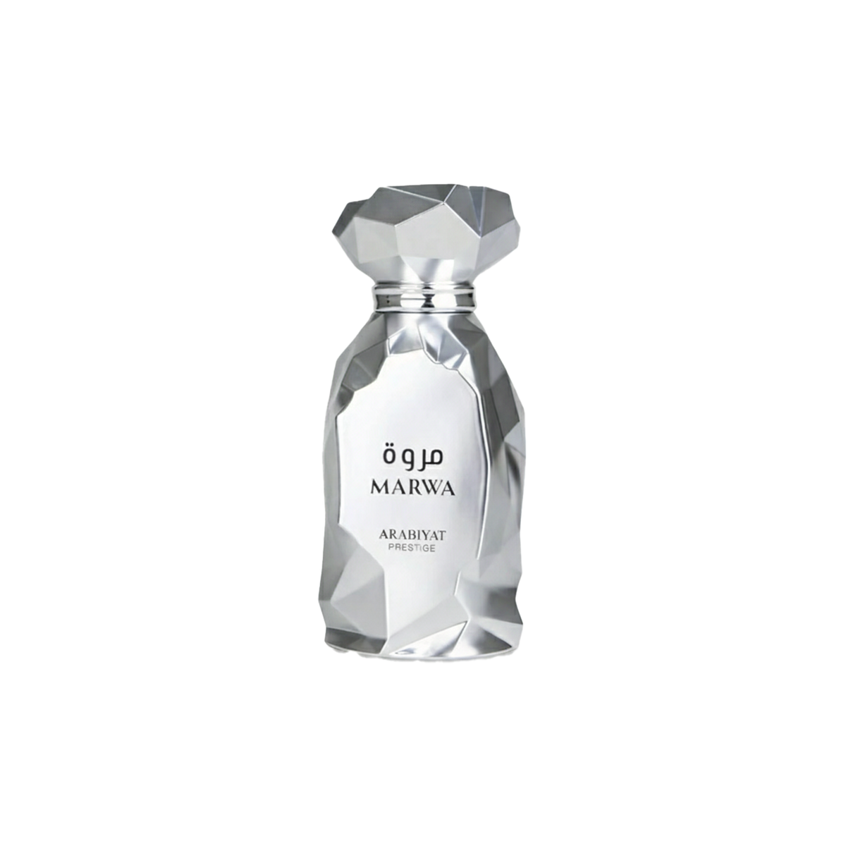 Arabiyat Prestige Marwa perfume bottle in faceted silver design with Arabic and English text.