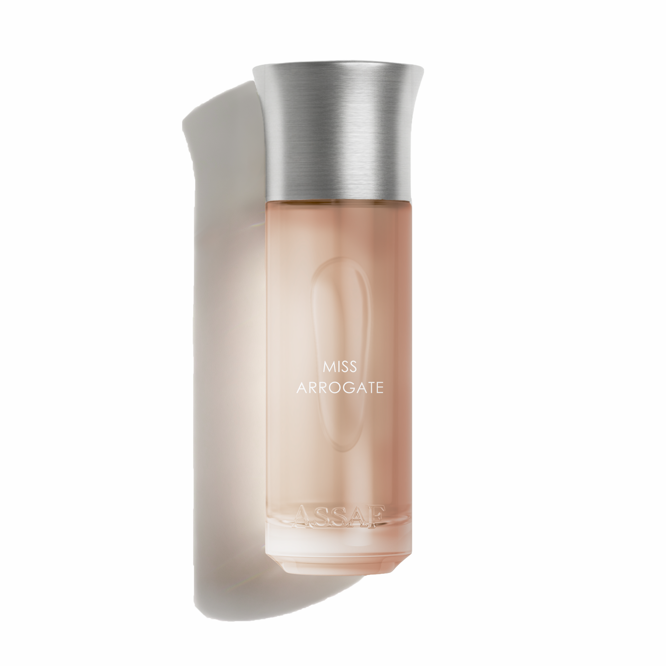 Miss Arrogate by ASSAF perfume bottle featuring a tall, slim frosted blush-pink glass design with a brushed silver cap.