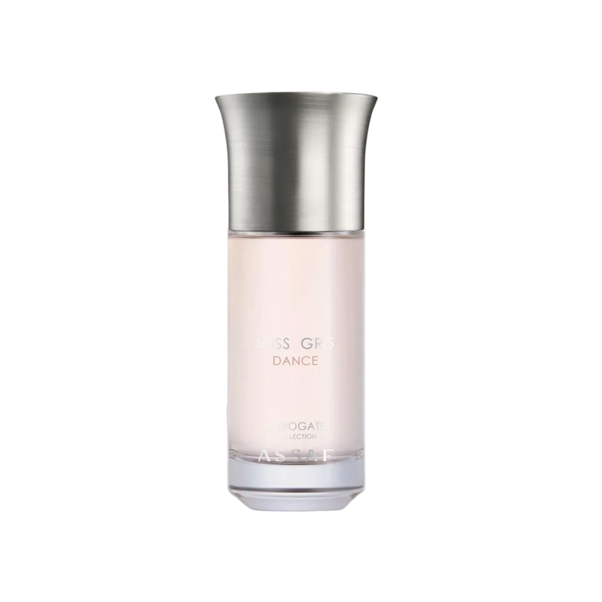 Assaf Miss Gris Dance perfume bottle with a soft blush-pink glass body and a brushed silver metal cap.