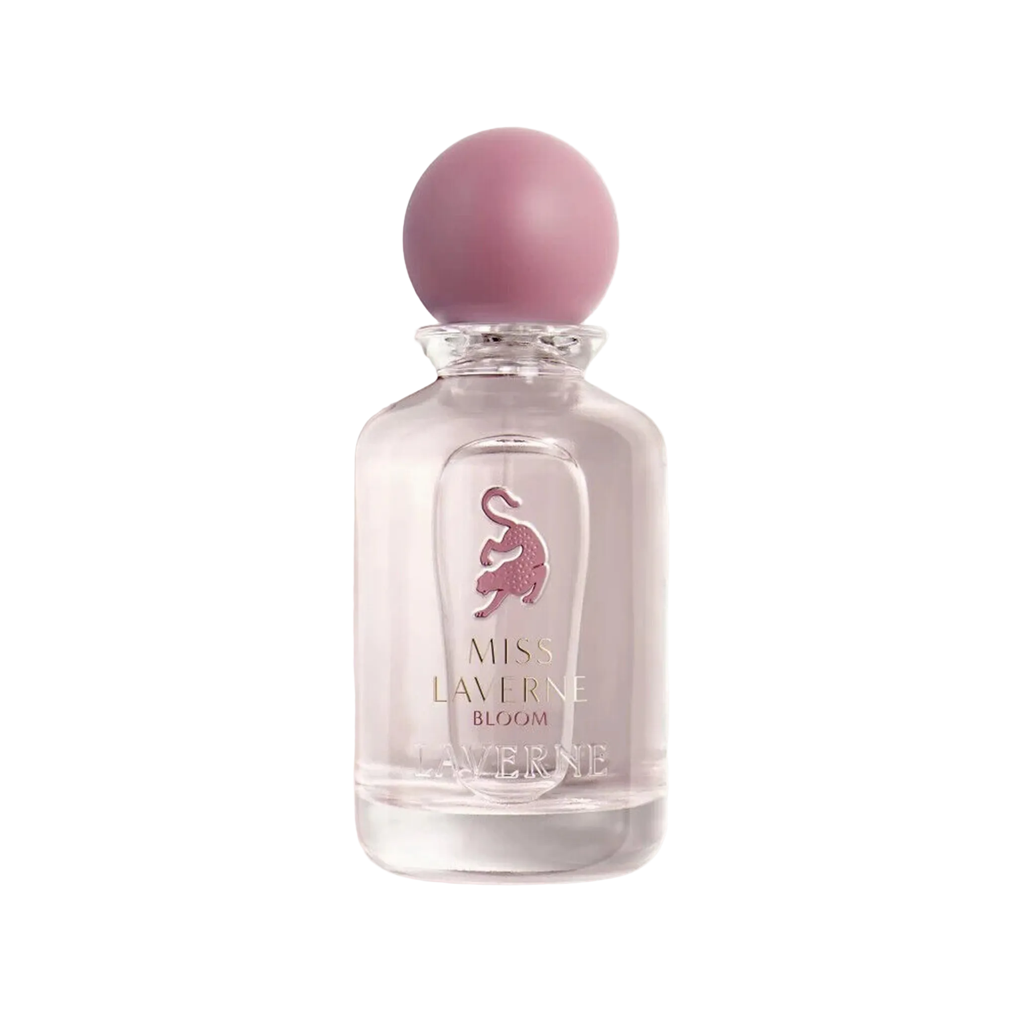 Miss Laverne Bloom perfume bottle in clear glass with a soft pink round cap.