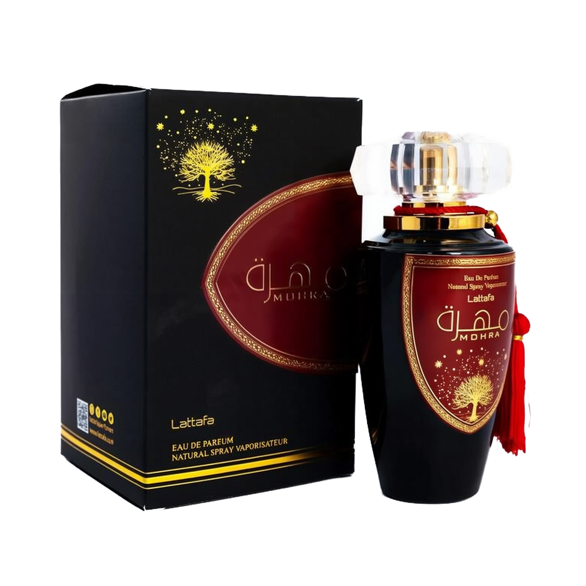 A luxurious black and gold box of "Mohra" Eau de Parfum by Lattafa, featuring an ornate golden tree design and elegant Arabic script. The box is placed next to a matching perfume bottle with a black base, adorned with a large maroon and gold label. The bo