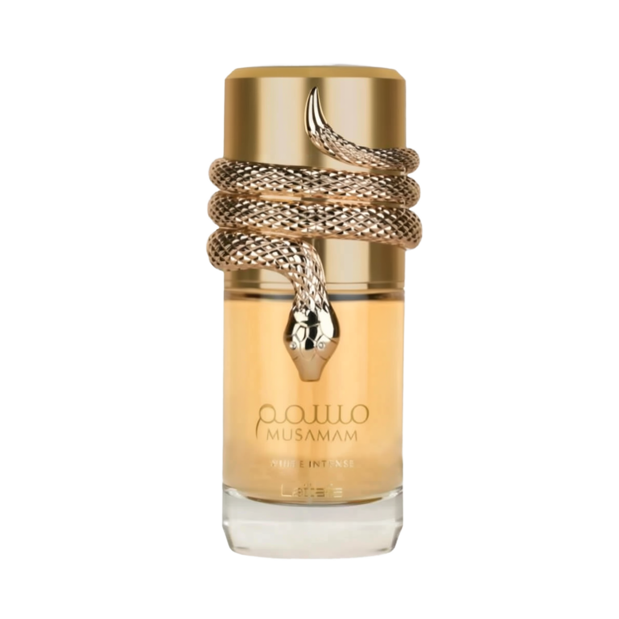 he image is of a perfume bottle with these characteristics: The bottle is transparent, revealing a golden-colored liquid, indicating perfume inside. It has a gold-colored cap and a thick gold rope design wrapped around the upper portion of the bottle, culminating in a detailed snakehead motif. The snake design has intricate scales and features two small black details suggesting eyes.
