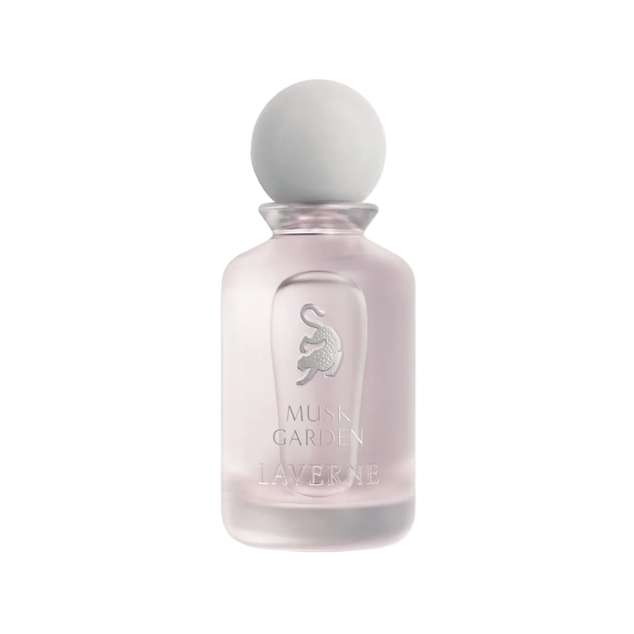 Pale pink frosted Musk Garden perfume bottle by Laverne with a matte white cap.