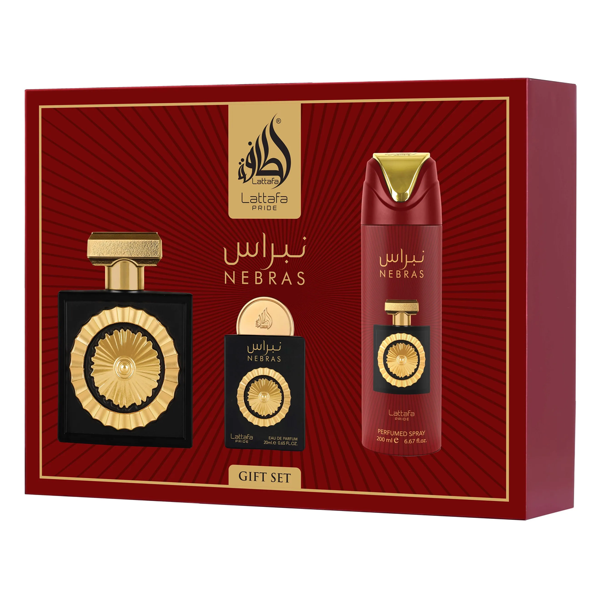 lattafa Pride Nebras 3-piece gift set: one EDP bottle, one travel miniature, and one perfumed body spray, displayed in a rich red box.