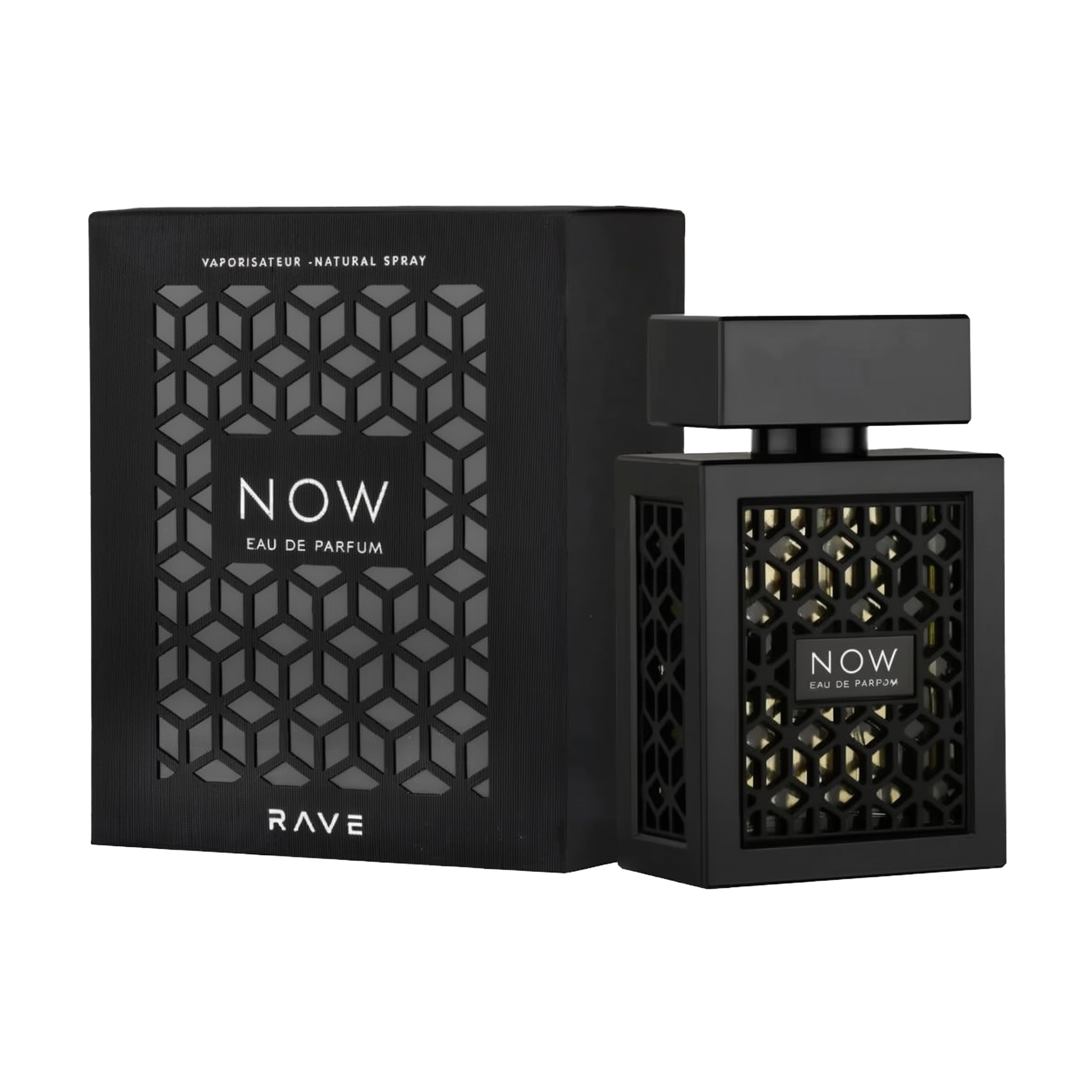 The image shows a perfume bottle and its packaging with a modern, geometric design: The packaging is a square black box with a textured pattern featuring a series of interlocking geometric shapes. The center of the pattern is open, revealing the words "NOW EAU DE PARFUM" in white, bold lettering, and "RAVE" in smaller print at the bottom. The perfume bottle mirrors the box design, with a black geometric lattice over a gold background that shines through, and the same "NOW EAU DE PARFUM" branding.
