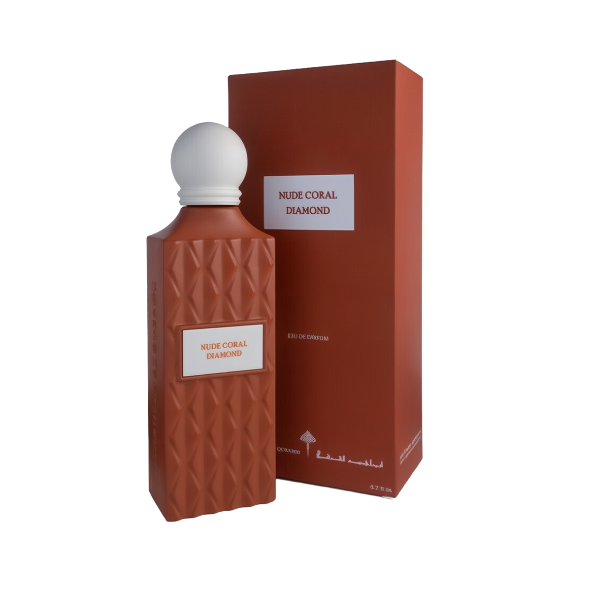 A sophisticated bottle of Nude Coral Diamond Eau e Parfum by Ibraheem Al-Qurashi, displayed next to its matching box. The bottle features a matte, coral-colored geometric texture with a diamond pattern and a white rectangular label that reads 'NUDE CORAL DIAMOND' in red text. It is topped with a smooth, rounded white cap. The packaging mirrors the coral color and minimalist aesthetic, with the same label and white brand markings near the base.