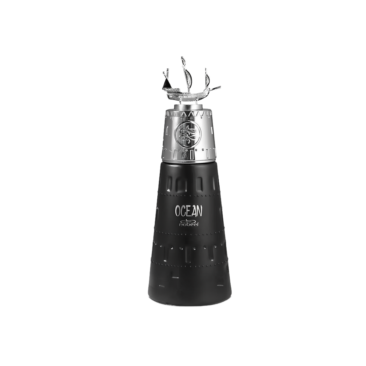 his is an image of a sleek, black designer fragrance bottle with the name "OCEAN" printed on it. The bottle has a unique, tapered shape and a textured surface resembling the body of a submarine with rivet details. The cap of the bottle is silver with embossed designs, topped with a small, intricate silver sculpture of a ship with its sails unfurled.