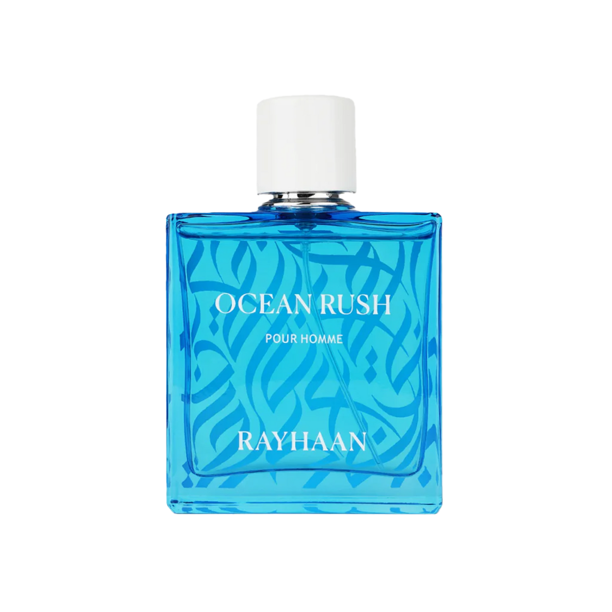 Blue square bottle of Ocean Rush Pour Homme with white cap and wave pattern design.