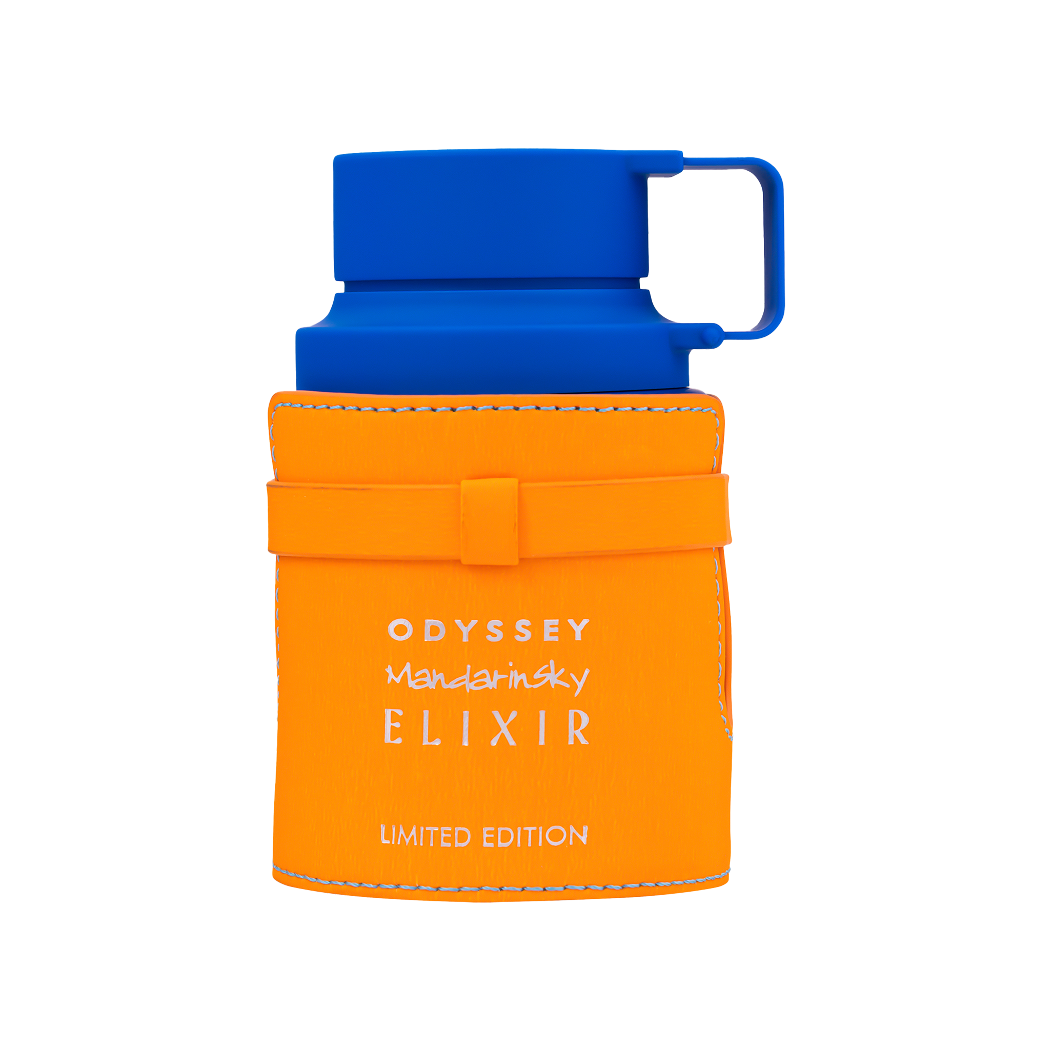 Bright blue and orange perfume bottle with stitched leather wrap and Odyssey Mandarin Sky Elixir label.