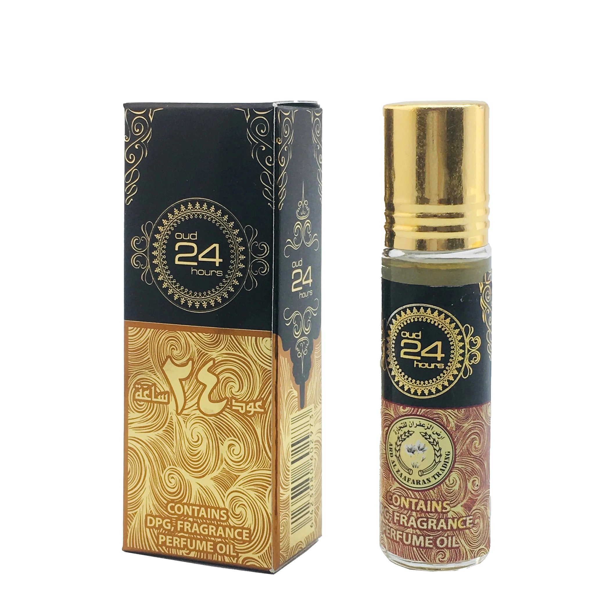 Oud 24 Hours perfume oil roll-on bottle with black and gold packaging and ornate swirl design.