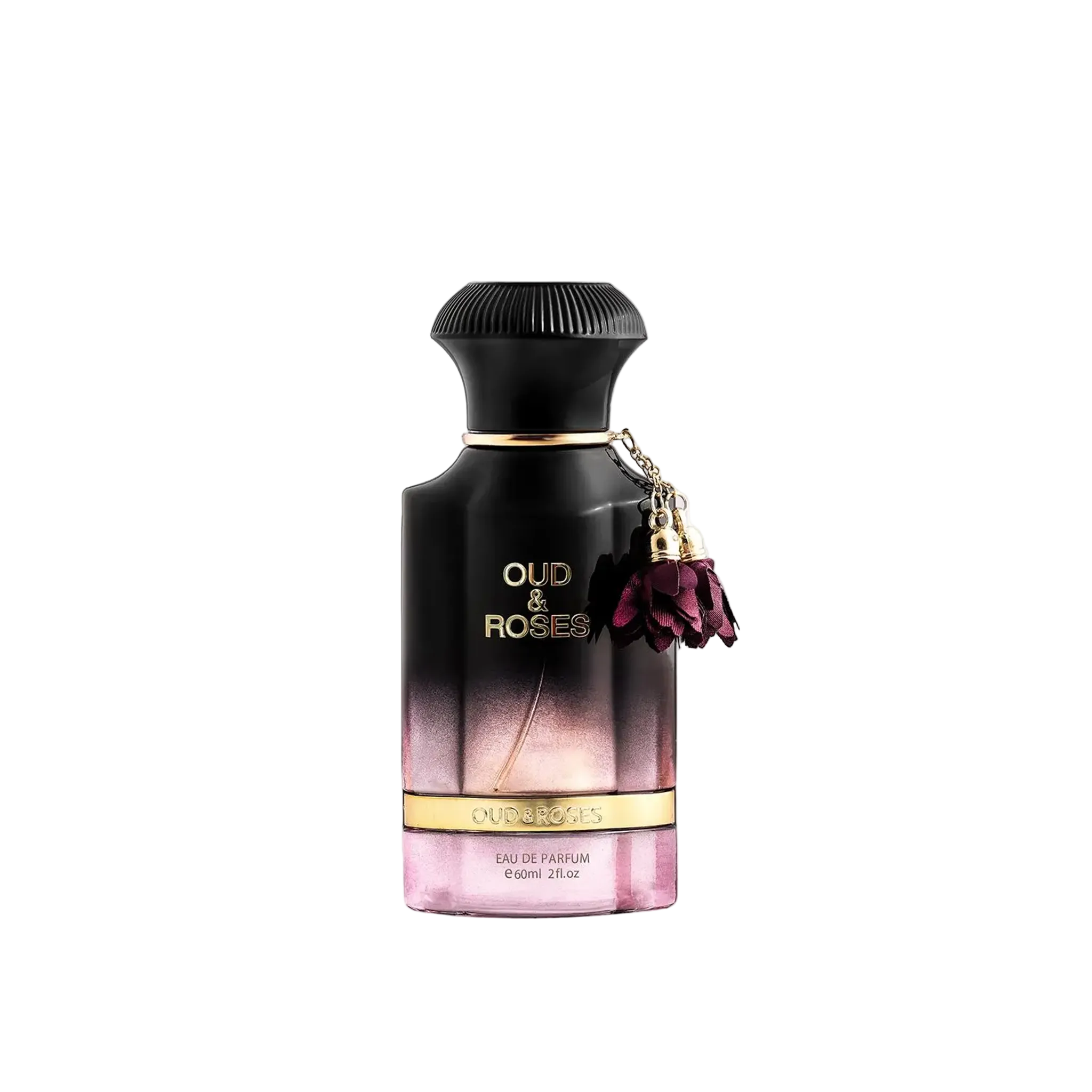 Oud & Roses eau de parfum bottle with a matte black upper half fading into pink, gold detailing, and a burgundy charm hanging from the neck.