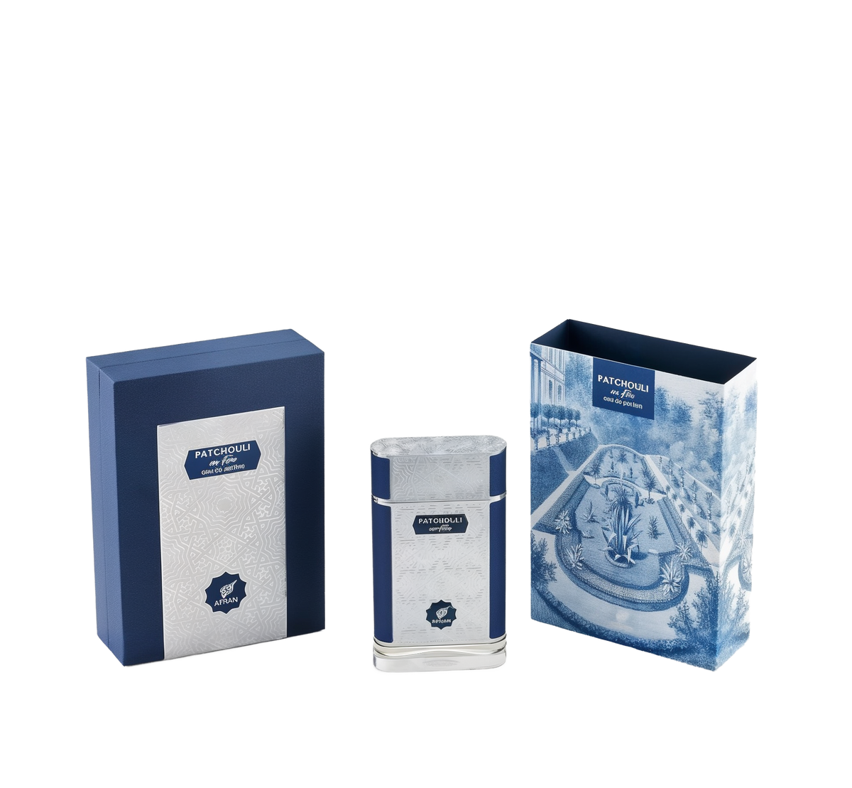 The image showcases a set of perfume products with their packaging. There are two boxes and one perfume bottle, all with a consistent color theme of navy blue and white. The box on the left is navy blue with a textured pattern and a white label that reads "PATCHOULI eau de parfum" along with the "AFNAN" logo. To the right is another box with a detailed blue and white illustration of a classical garden scene, including a fountain and neatly trimmed hedges.
