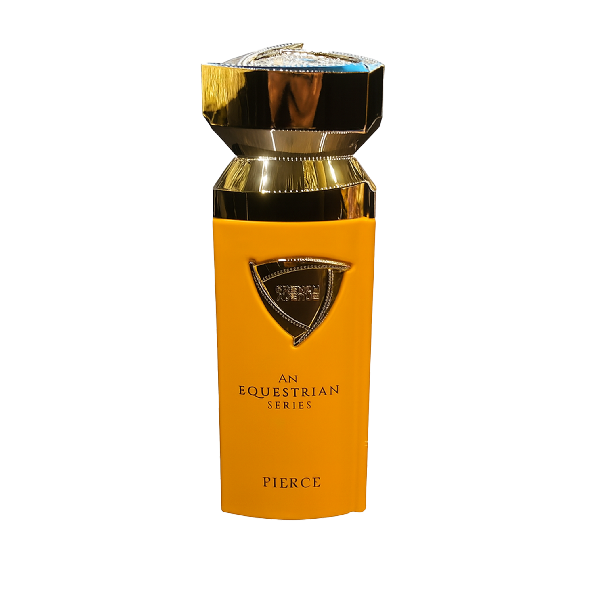 Armaf Pierce perfume bottle from the Equestrian Series in matte yellow with metallic gold cap and shield emblem detail.