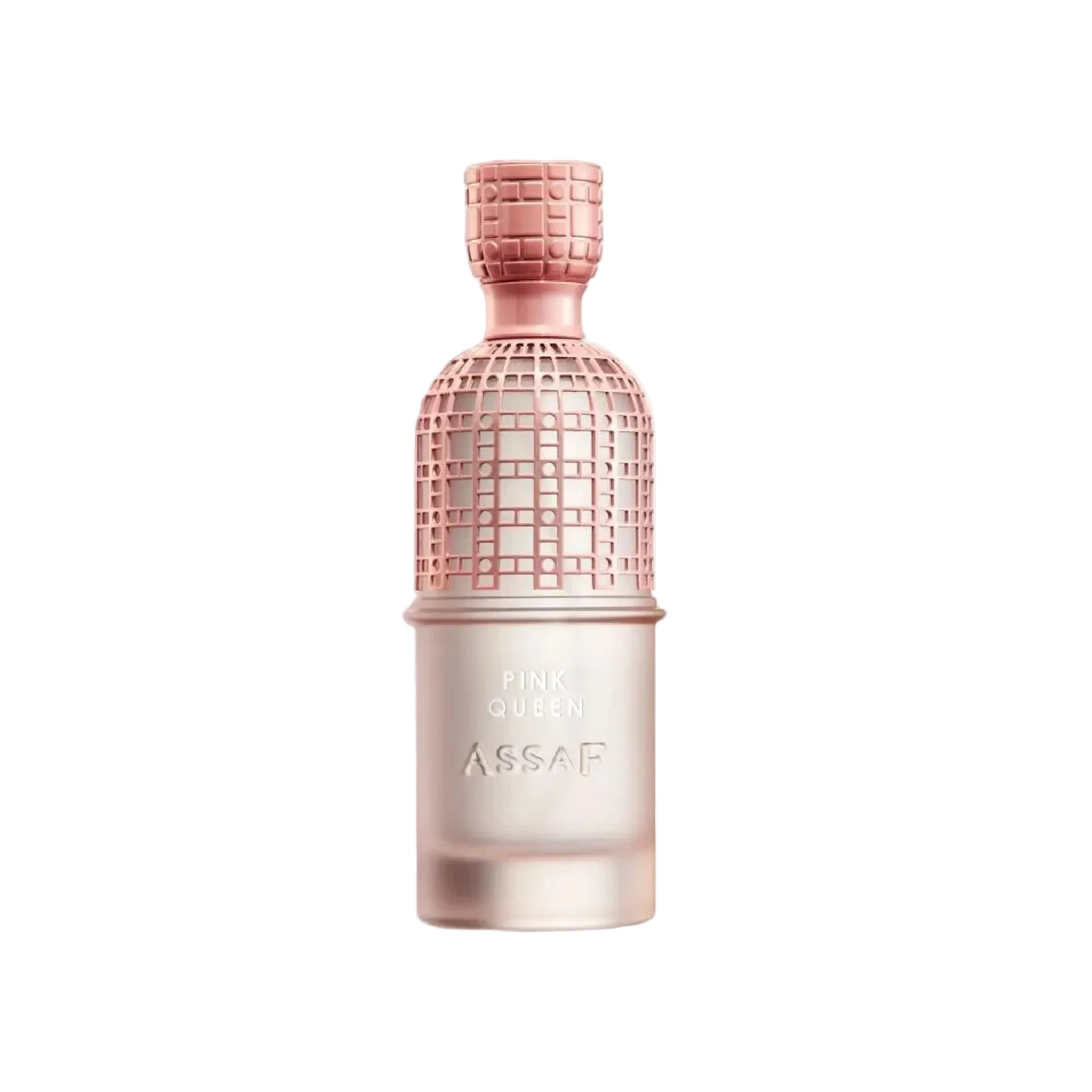 Assaf Pink Queen perfume bottle in blush pink with a textured lattice design and matching cap.