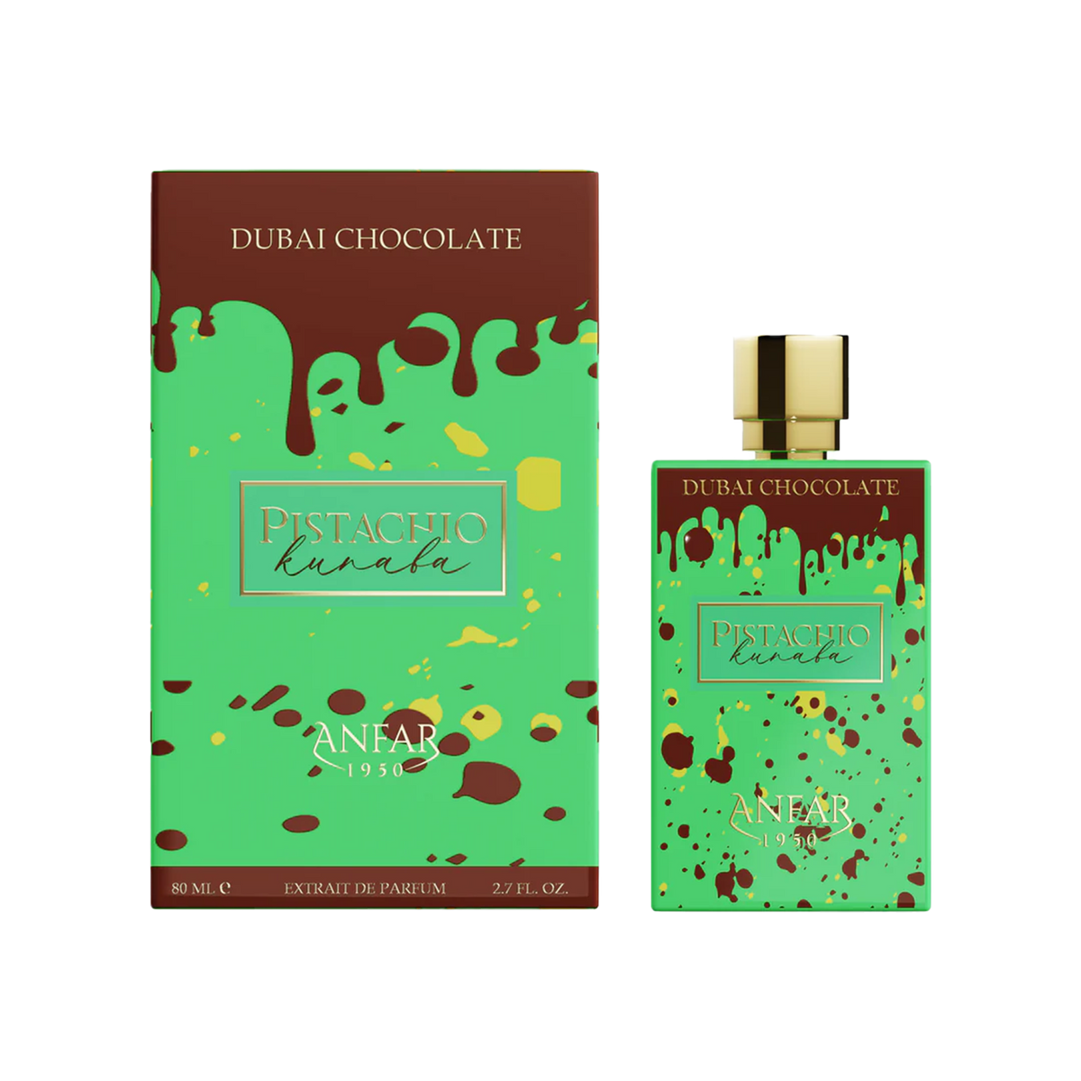 ANFAR Pistachio Kunafa Dubai Chocolate perfume bottle and packaging.