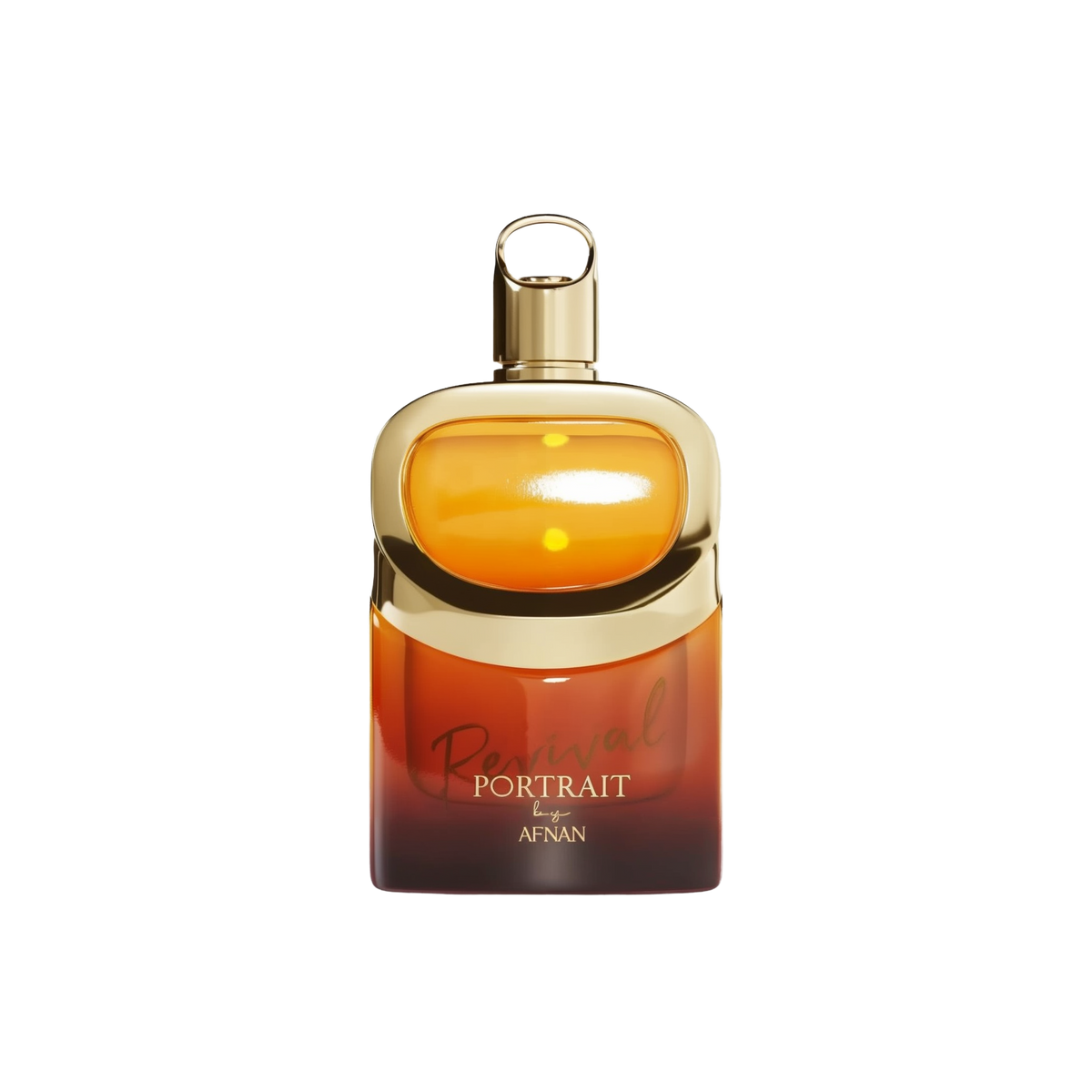 The image depicts a perfume bottle with a distinctive and modern design. The bottle features a gradient color transition from a warm amber at the top to a rich, dark orange at the bottom. The cap is gold and has an innovative loop on top, possibly for aesthetic appeal or functional use. On the front of the bottle, "Revival Portrait by AFNAN" is inscribed in elegant, cursive white lettering.