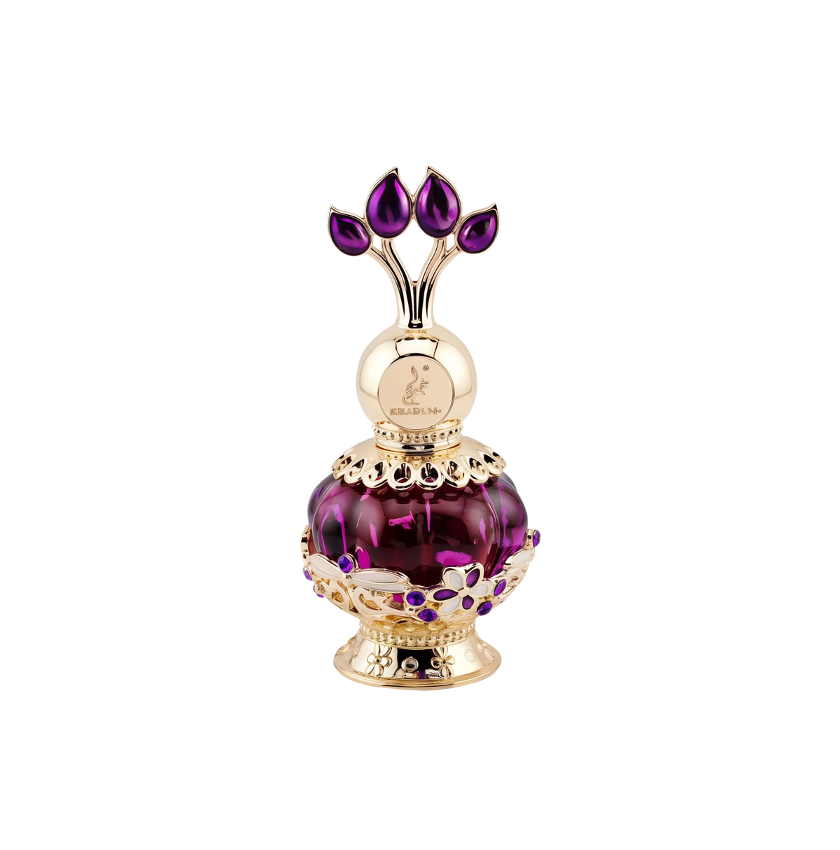 An elegant purple perfume bottle with a gold ornate cap featuring purple gemstones, displayed next to a luxurious purple box with gold floral patterns