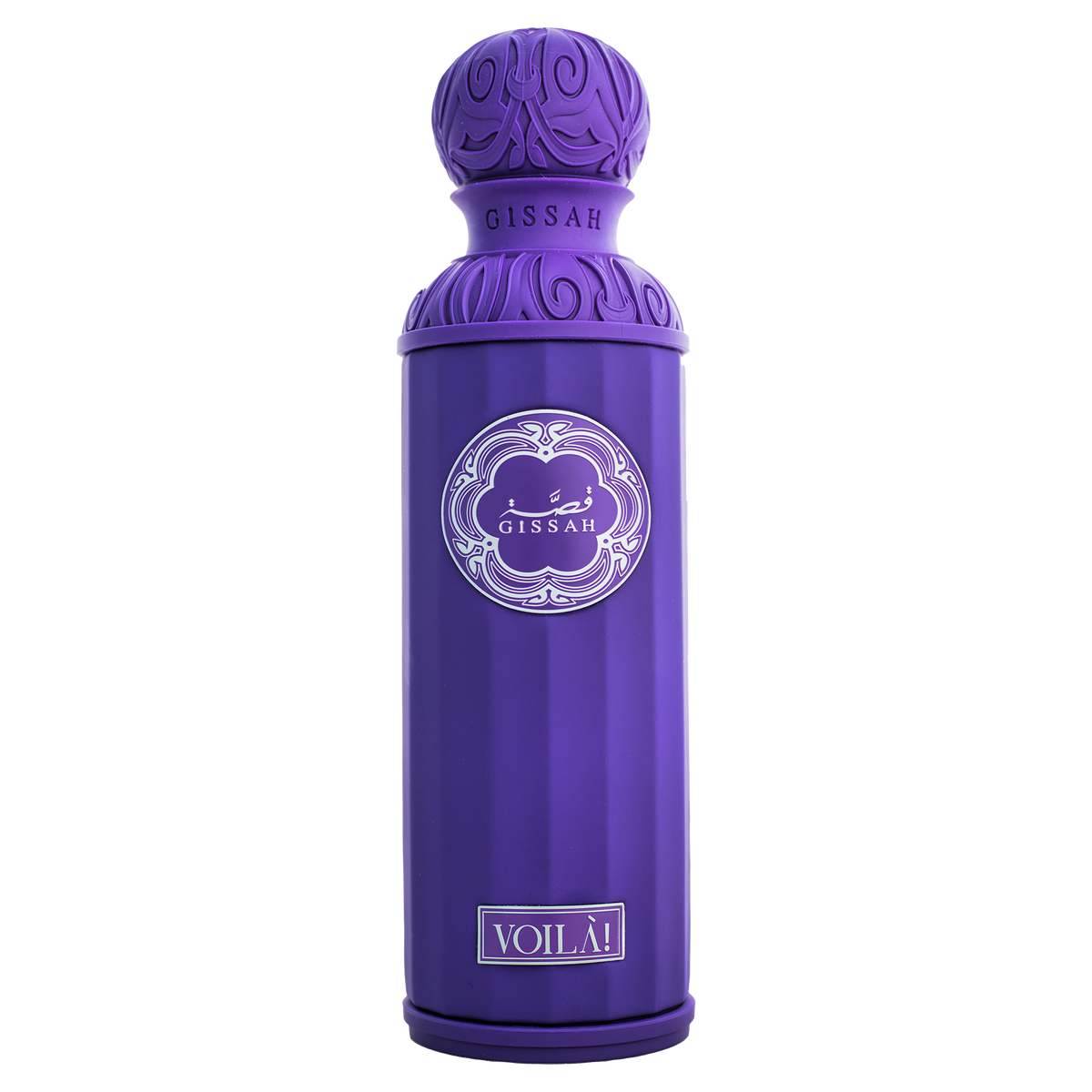 Purple Gissah Voilà perfume bottle with ornate cap on plain white background.