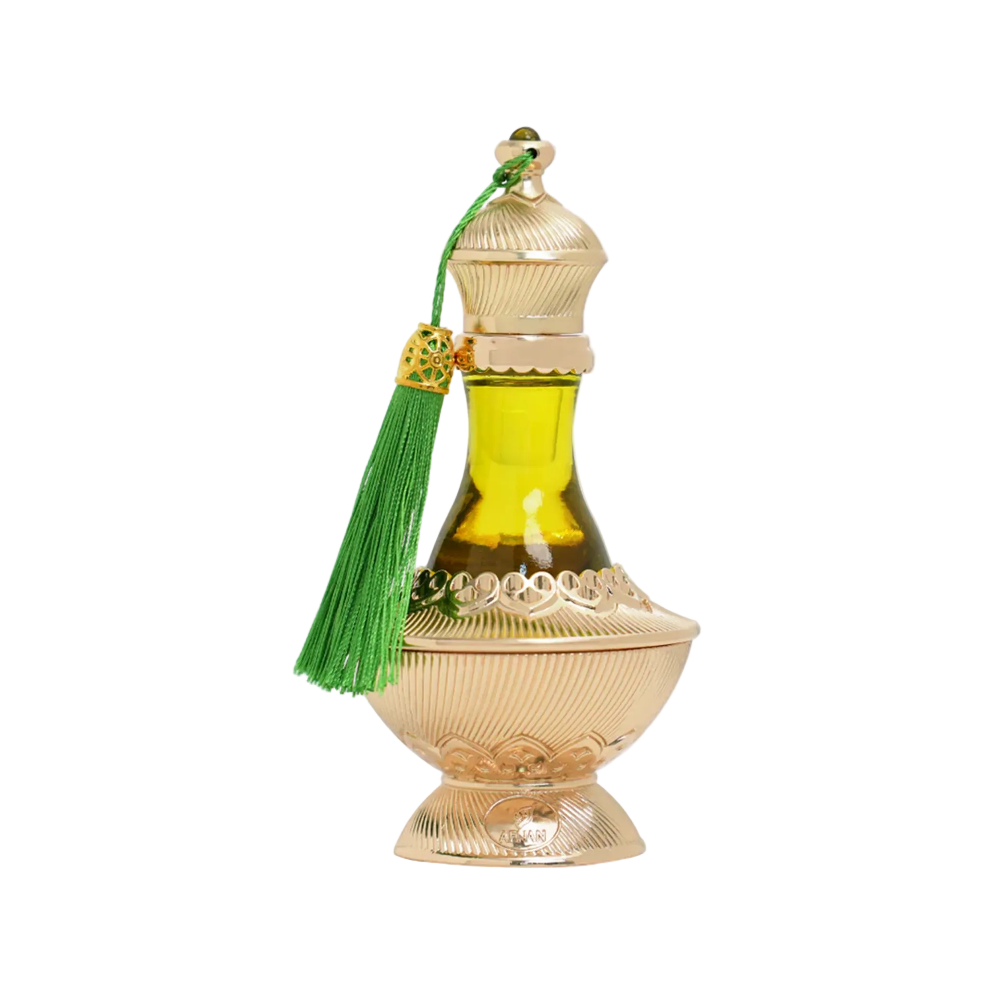 Luxurious gold perfume oil bottle (Quloob) with a clear glass neck displaying yellow oil and accented by a vibrant green tassel.afnan-quloob-concentrated-perfume-oil-gold-green-tassel.jpg