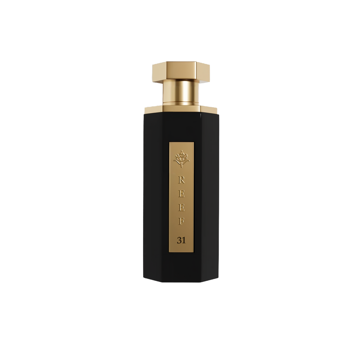 A luxurious black perfume bottle with a hexagonal shape, with a gold cap and a gold label. The label features a rose emblem, the word 'REEF' in vertical capital letters.