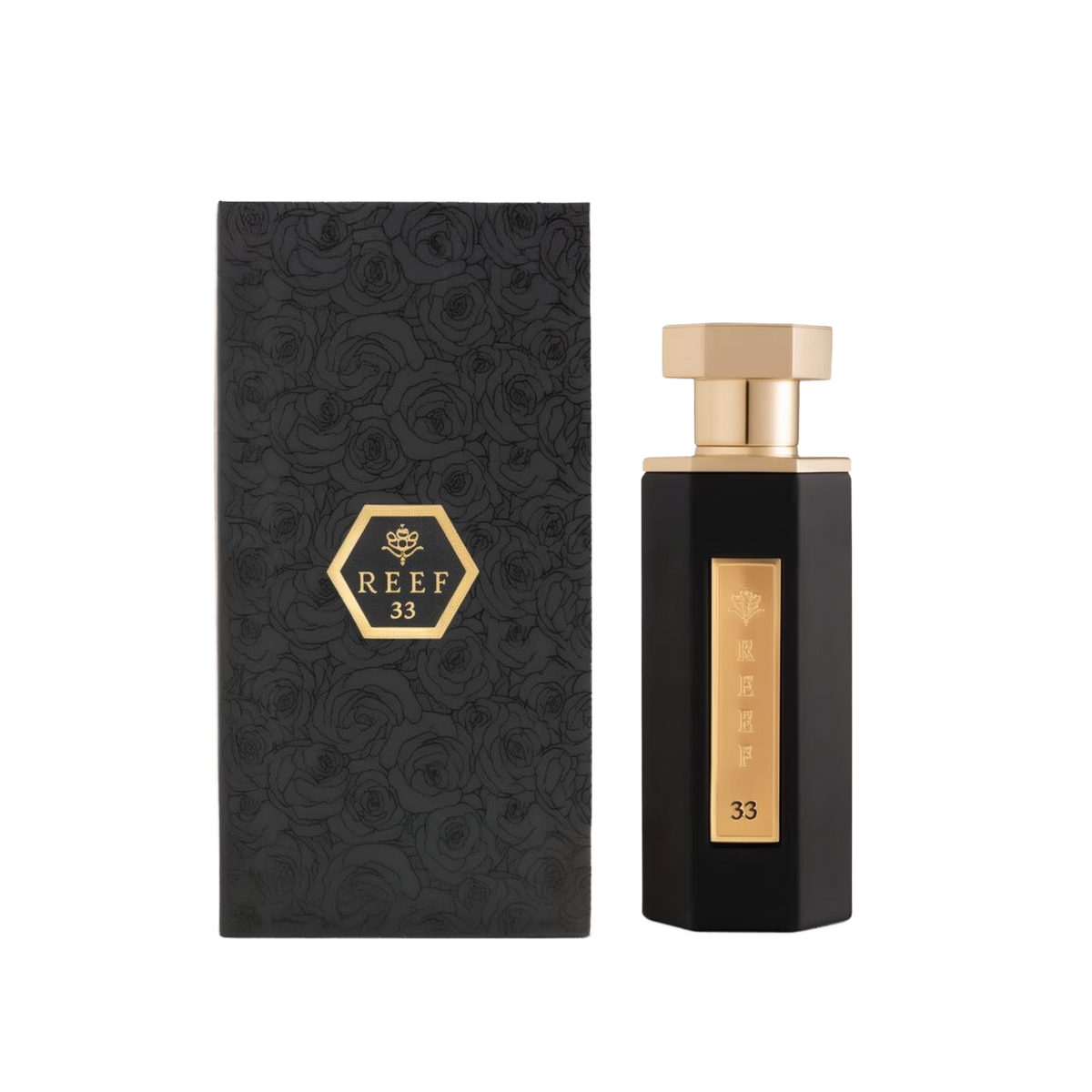 A sleek and elegant bottle of Reef 33 perfume by Reef Perfumes, positioned beside its matching box. The bottle is tall and angular, finished in glossy black with a vertical gold label engraved with 'REEF 33' and a crown emblem. It is topped with a polished gold hexagonal cap. The accompanying black box features an embossed rose pattern and a gold hexagon with the brand and fragrance name, reflecting a luxurious and refined aesthetic.