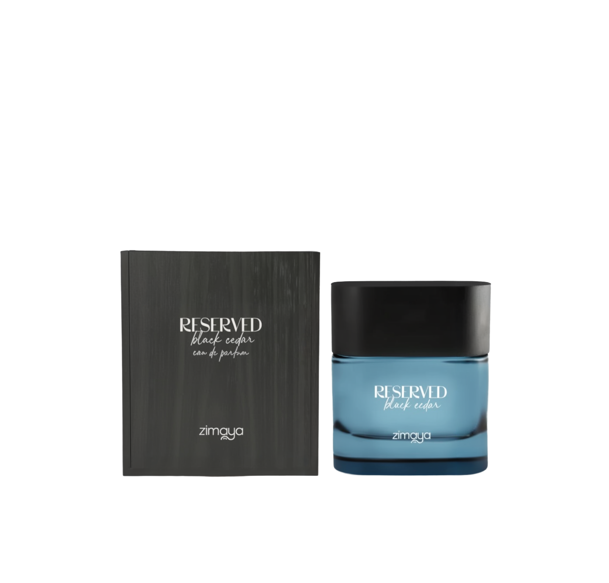 A bottle and box of Reserved Black Cedar Eau De Parfum by Zimaya. The perfume bottle features a sleek, rectangular shape with a translucent blue body and a matte black wooden cap. The front of the bottle is labeled with the text "RESERVED black cedar" in a clean white font, along with the Zimaya logo at the bottom. The matching box has a dark woodgrain texture with similar white text, creating a modern and sophisticated presentation.