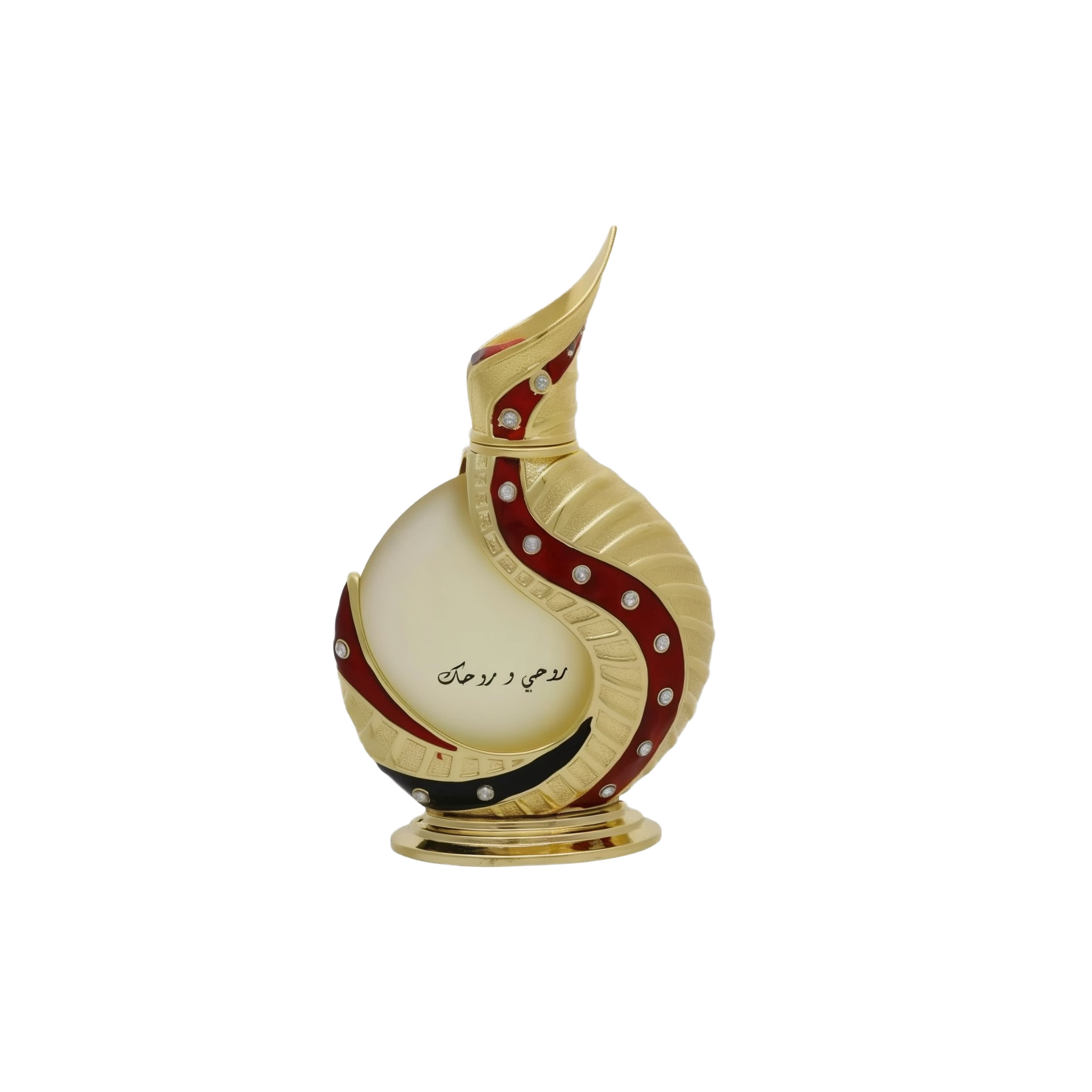 The image shows an intricately designed perfume bottle: The bottle has a spherical base with a slender, curved neck that extends into a pointed tip, reminiscent of traditional Middle Eastern design. It is predominantly off-white with gold accents and features a decorative red swirl with embedded gem-like stones. Arabic calligraphy is displayed on the lower part of the bottle, adding to its cultural aesthetic. The bottle rests on a small, ornate gold stand.