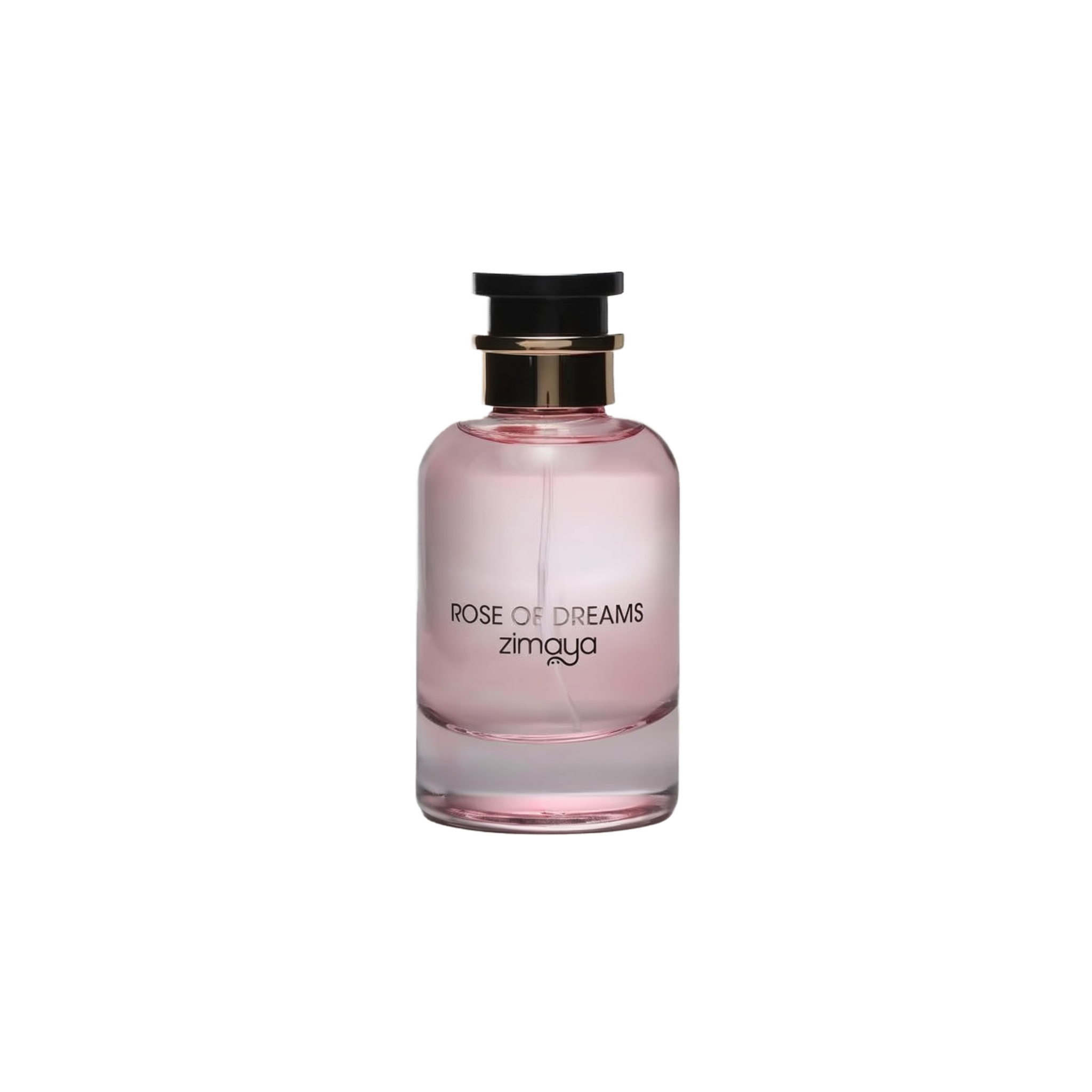 The image shows a bottle of "Rose of Dreams" eau de parfum by Zimaya. The perfume bottle is cylindrical with a soft pink hue and a clear glass bottom. It features a black cap with a gold band. The front of the bottle has black text that reads "ROSE OF DREAMS" and "zimaya." The overall design is elegant and minimalist, with the soft pink color evoking a sense of femininity and romance.