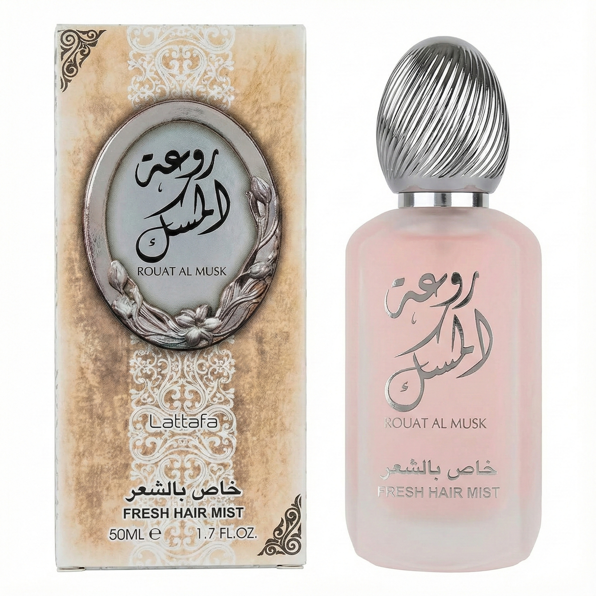 Lattafa Rouat Al Musk Fresh Hair Mist 50ml, showing the frosted pink bottle with a silver cap next to the ornate packaging box.