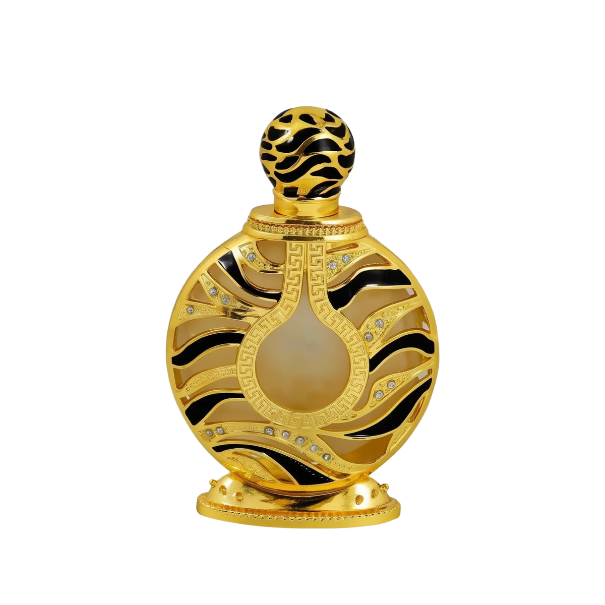 The image displays an ornate perfume bottle: The bottle has a spherical shape with a flat base, finished in a shiny gold color. It features black and gold patterned designs with inset gem-like crystals.