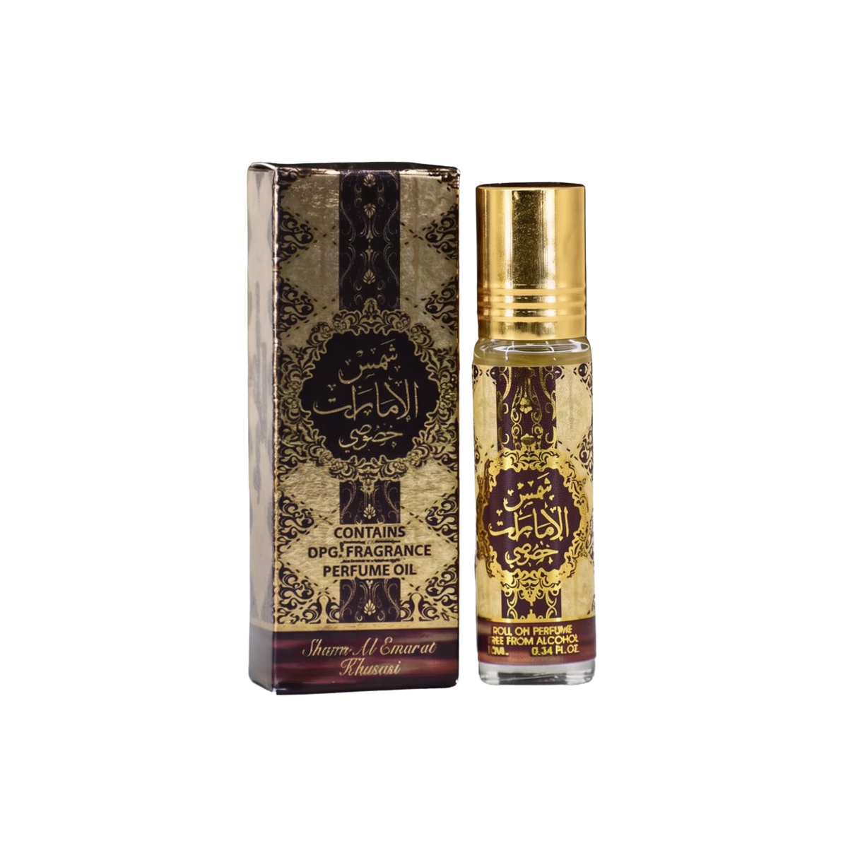 The image shows a product named "Shams Al Emarat Khususi," which is a roll-on perfume oil by Ard Al Zaafaran. The product is contained in a small 10 ml (0.34 fl. oz.) glass bottle with a golden cap. The bottle and its accompanying box feature an ornate de