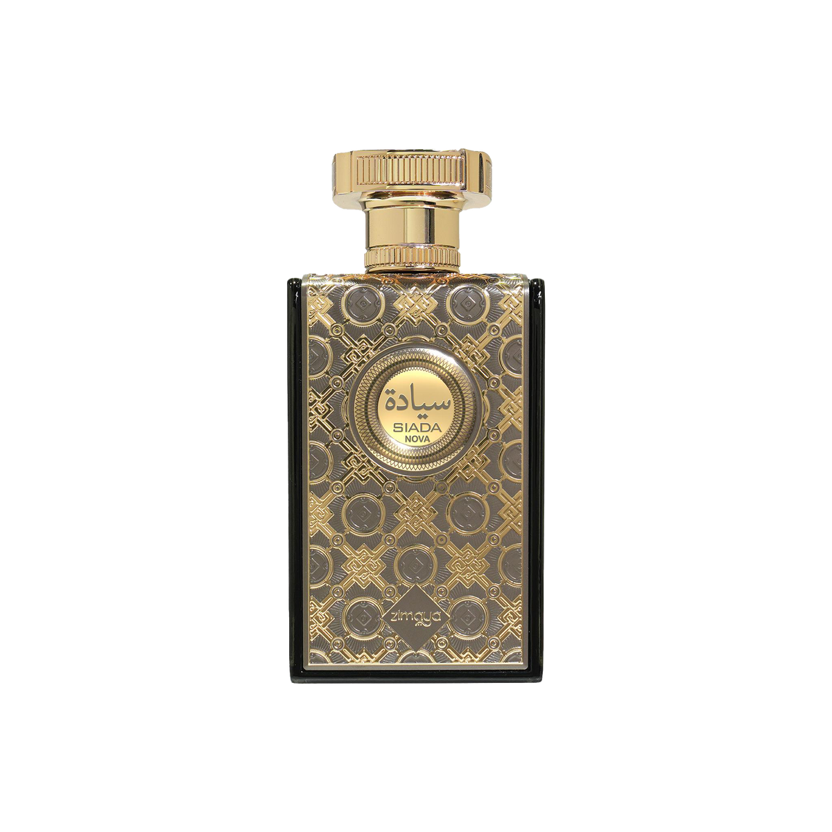 Rectangular perfume bottle with ornate gold patterned front and Siada Nova Zimaya branding on label.
