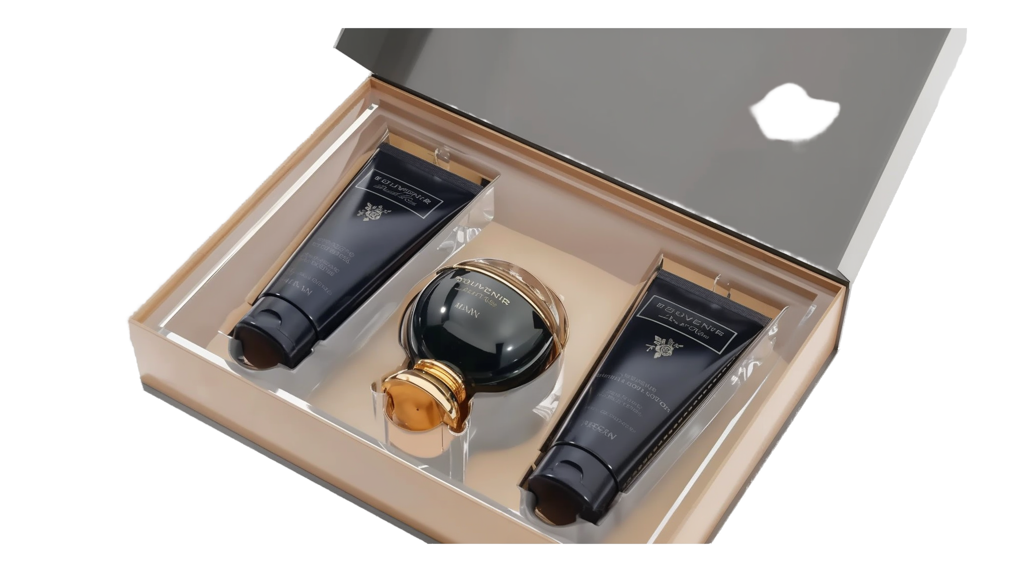 The image shows an elegant gift set by Afnan Perfumes from their "SOUVENIR Desert Rose" collection. The set is displayed in a beige presentation box with a clear lid, revealing its contents. Inside, there is a dark, glossy perfume bottle with a spherical design and a golden cap, positioned centrally. On either side of the perfume bottle are two matching dark tubes. Both tubes and the perfume bottle feature the "SOUVENIR Desert Rose" branding in elegant gold lettering
