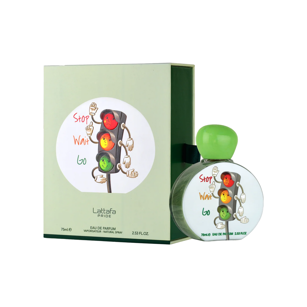 Lattafa Stop Wait Go perfume with green box and round bottle featuring cartoon traffic lights with faces.