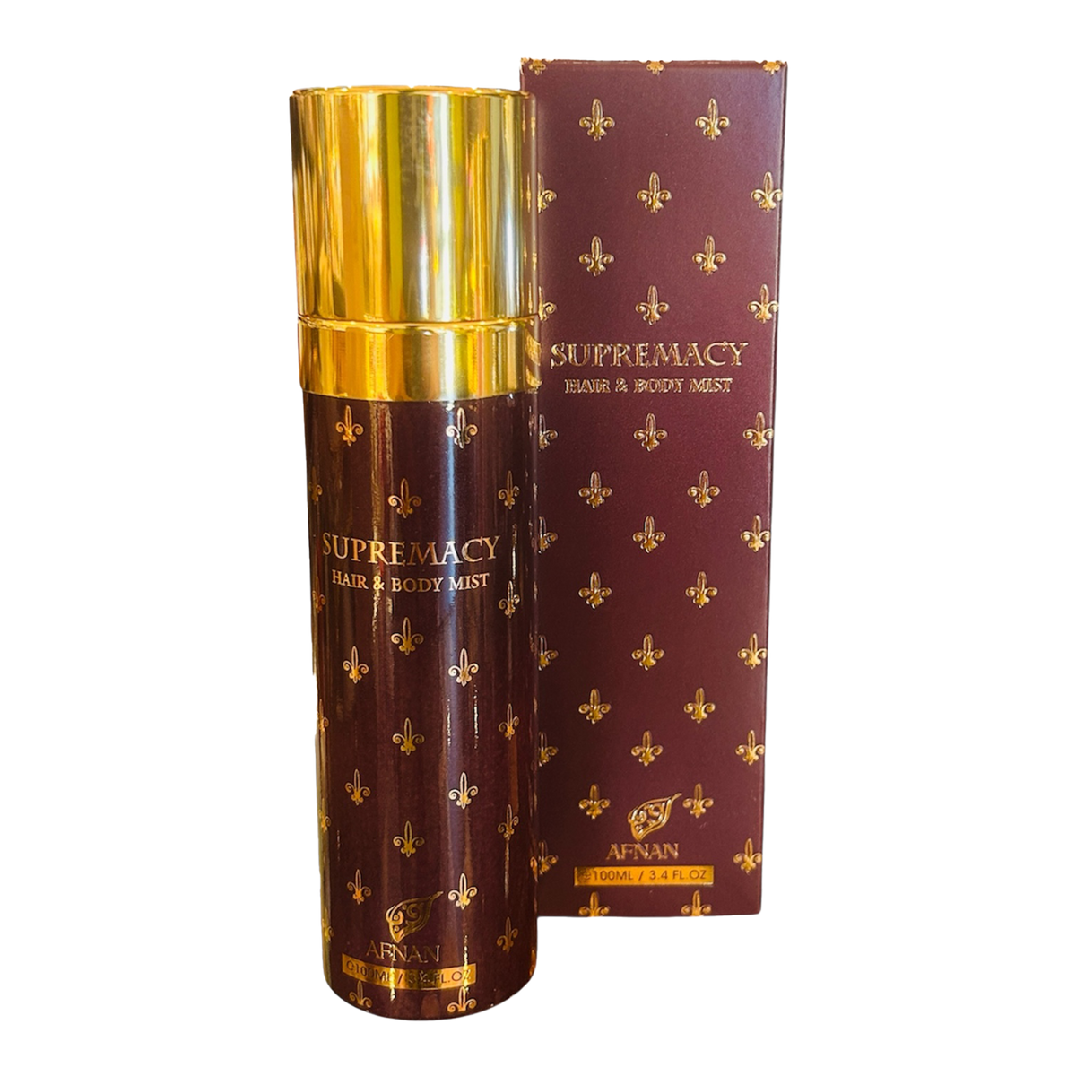 Afnan Supremacy Hair & Body Mist in a burgundy bottle with gold fleur-de-lis pattern and matching box beside it.