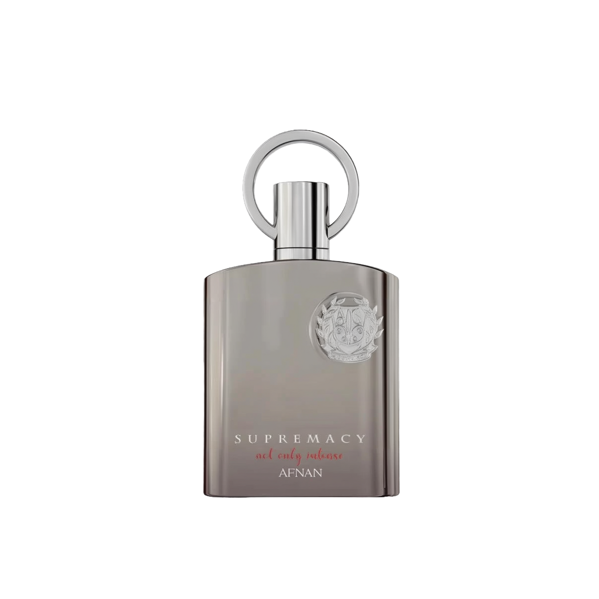 The image shows a perfume bottle with a sleek, modern design. The bottle is a muted silver-gray with a matte finish and a flat, rectangular shape. The cap is silver and features a prominent circular loop, which adds a touch of sophistication. Emblazoned on the front of the bottle is a raised silver emblem that adds a 3D effect, and below it, the words "SUPREMACY not only intense AFNAN" are printed in a subtle, elegant font.