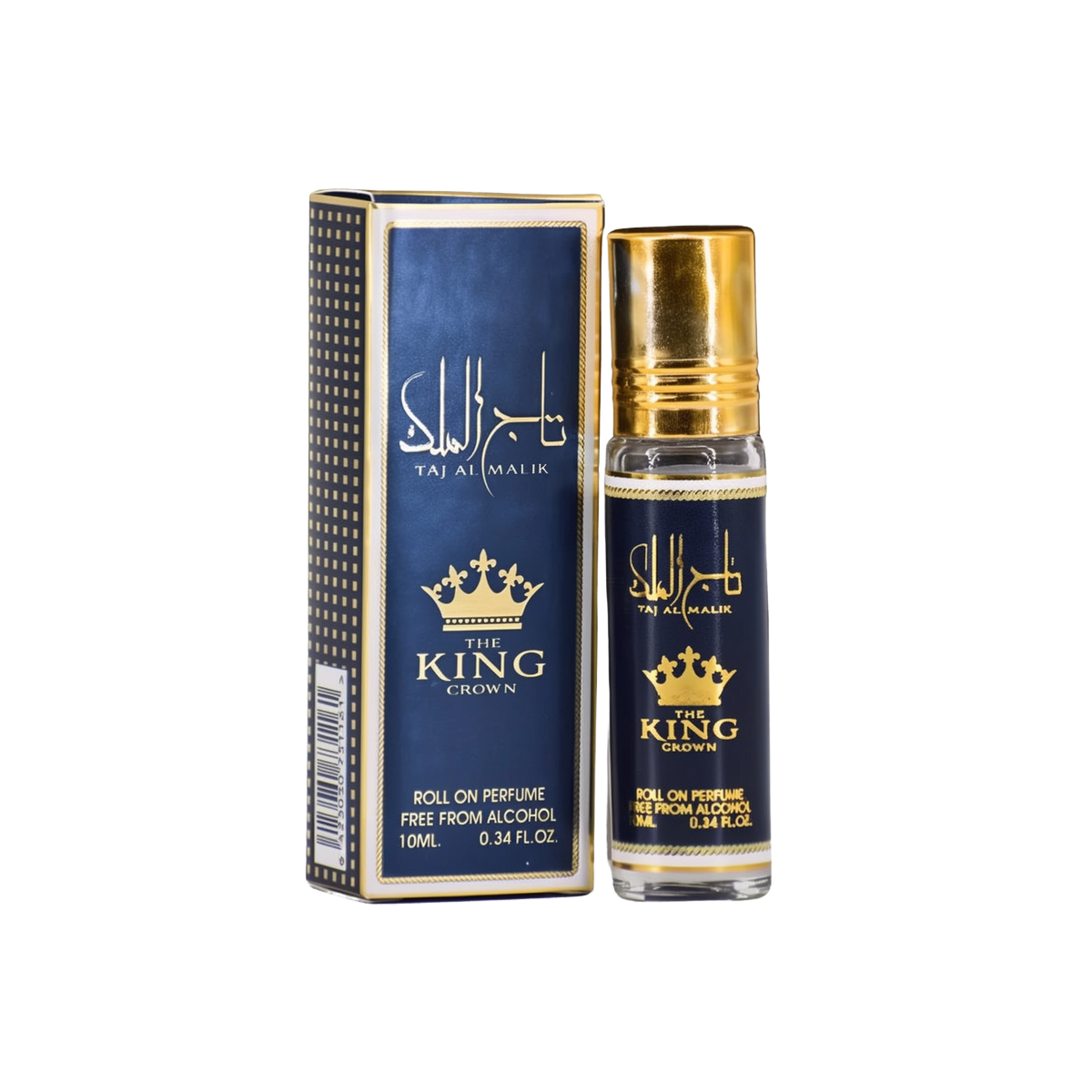 Taj Al Malik The King Crown roll-on perfume bottle and box, a deep blue and gold color scheme with crown graphics.