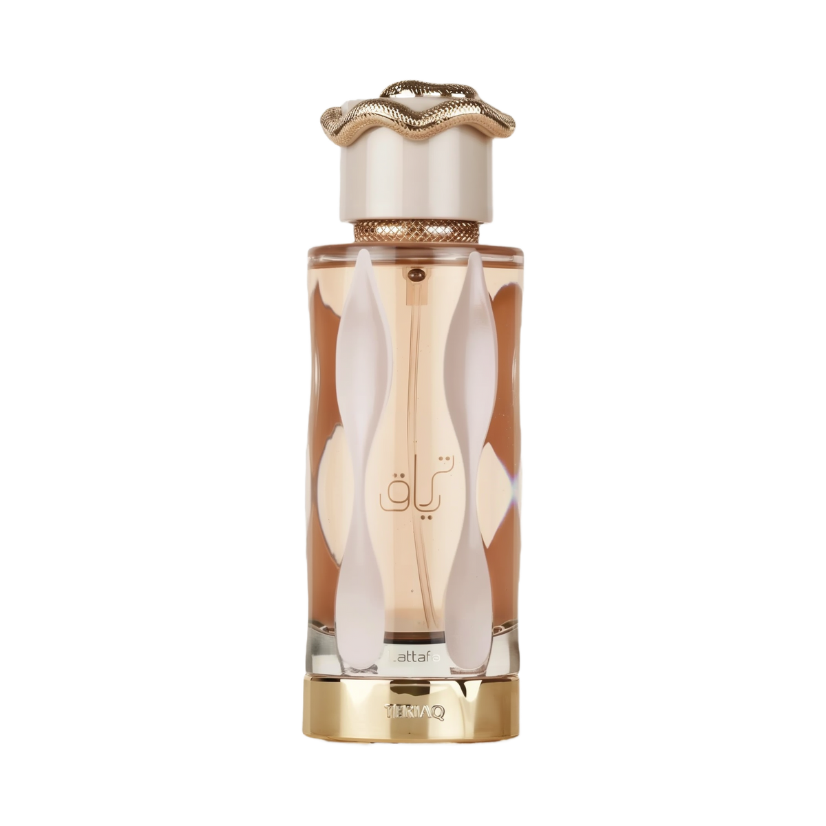 The bottle has a sleek, elongated shape with a clear glass revealing the amber-colored perfume inside.